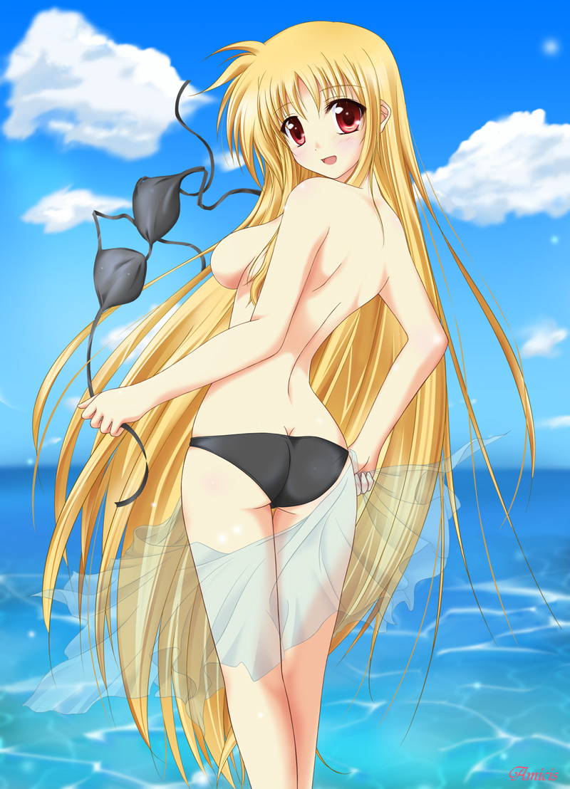 amicis, fate testarossa, lyrical nanoha, mahou shoujo lyrical nanoha, mahou shoujo lyrical nanoha strikers, 00s, 1girl, ass, bikini, black bikini, blonde hair, blush, breasts, cloud, day, female focus, happy, long hair, looking back, medium breasts, ocean, outdoors, red eyes, sky, solo, swimsuit, topless female, undressing, very long hair, water