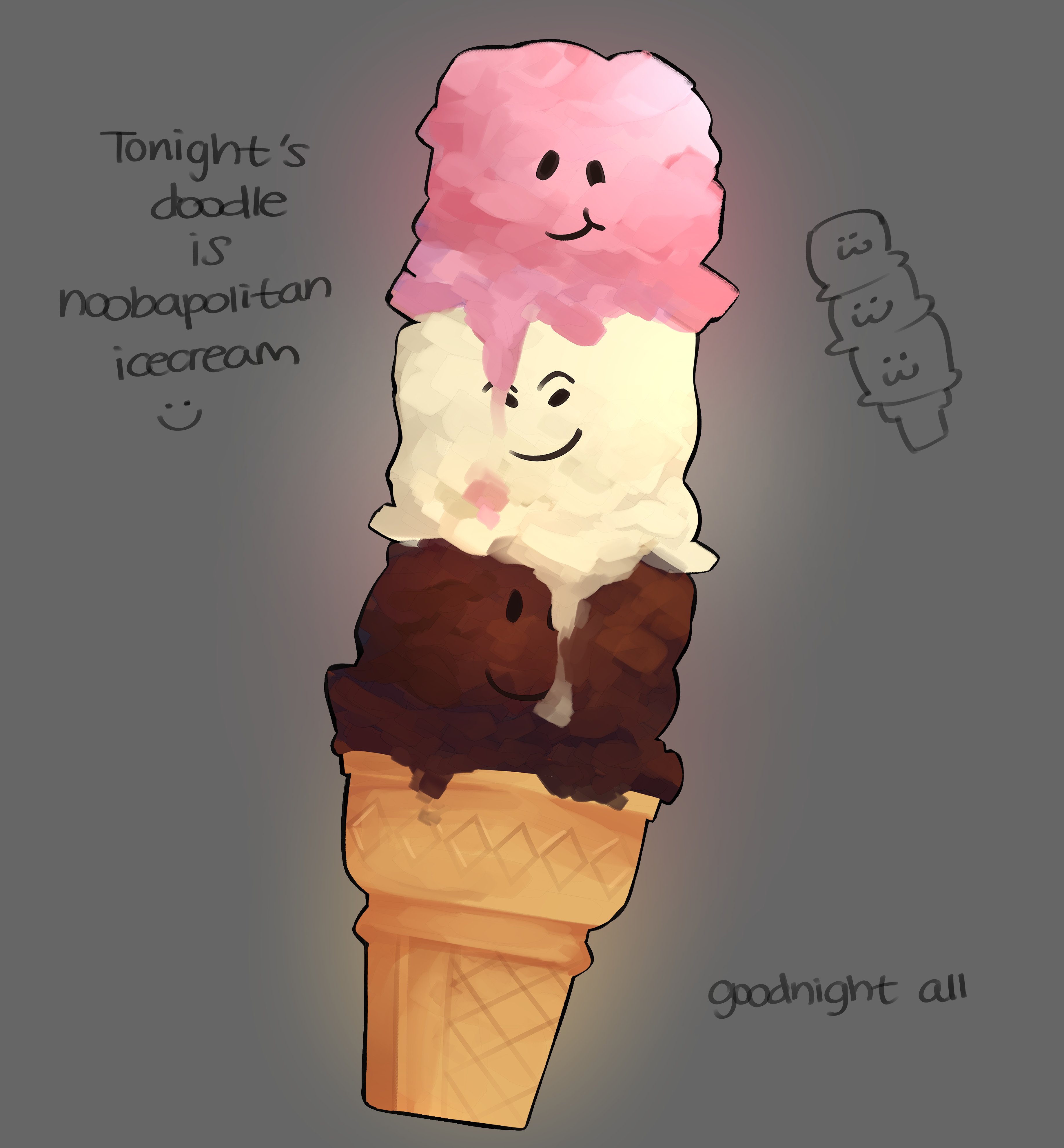 himochuu, roblox, absurdres, commentary, english commentary, highres, :3, :t, character-themed food, english text, food, food focus, grey background, ice cream, ice cream cone, multiple expressions, multiple scoops, no humans, painterly, simple background, smile, smirk