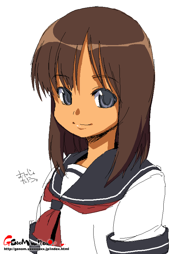 onija tarou, original, brown hair, grey eyes, long hair, oekaki, school uniform, serafuku, smile, solo