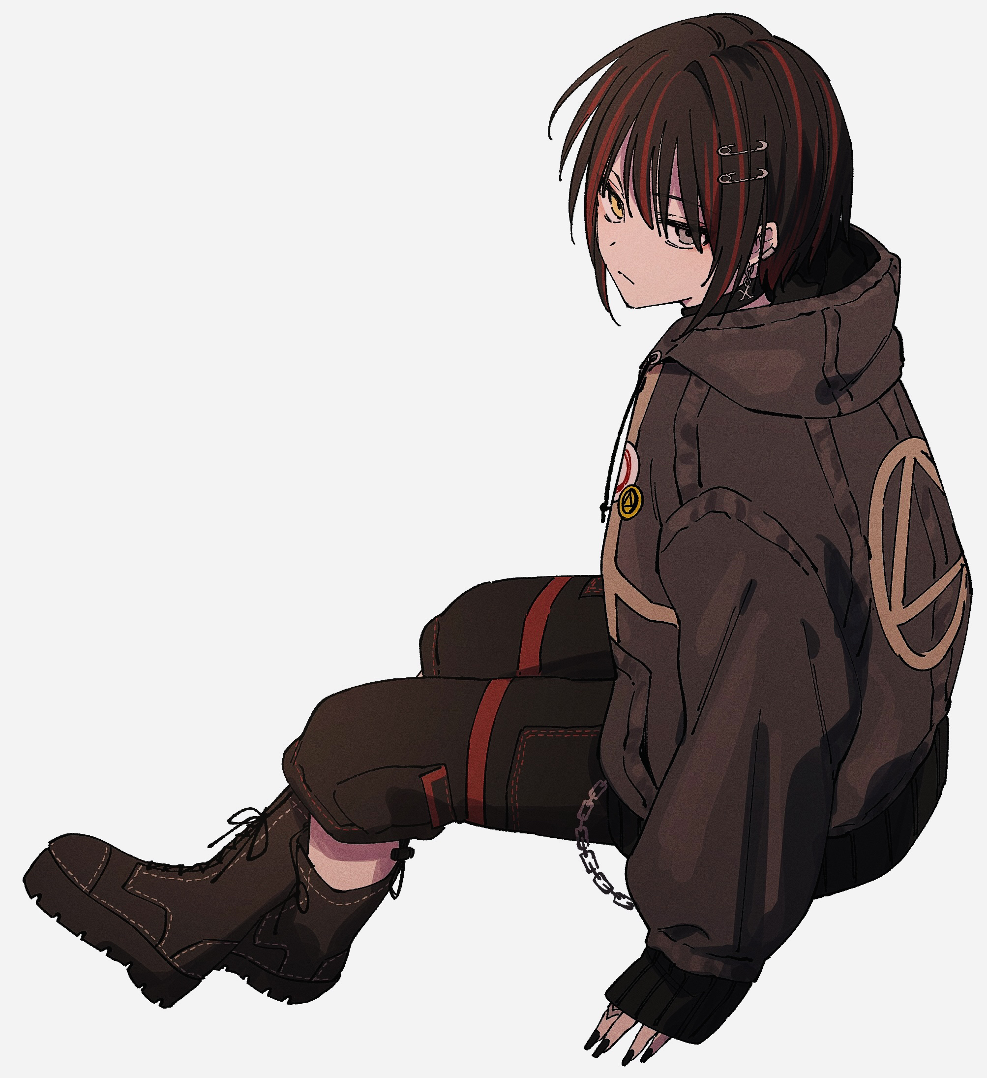 easy-0426, mashiro meme, mashiro meme (3rd costume), nijisanji, commentary request, highres, 1boy, ankle boots, black boots, black hair, black hoodie, black pants, boots, crossed ankles, full body, grey eyes, heterochromia, hood, hood down, hoodie, long sleeves, looking at viewer, male focus, multicolored hair, nail polish, official alternate costume, pants, puffy long sleeves, puffy sleeves, safety pin hair ornament, serious, simple background, sitting, solo, streaked hair, virtual youtuber, white background, yellow eyes