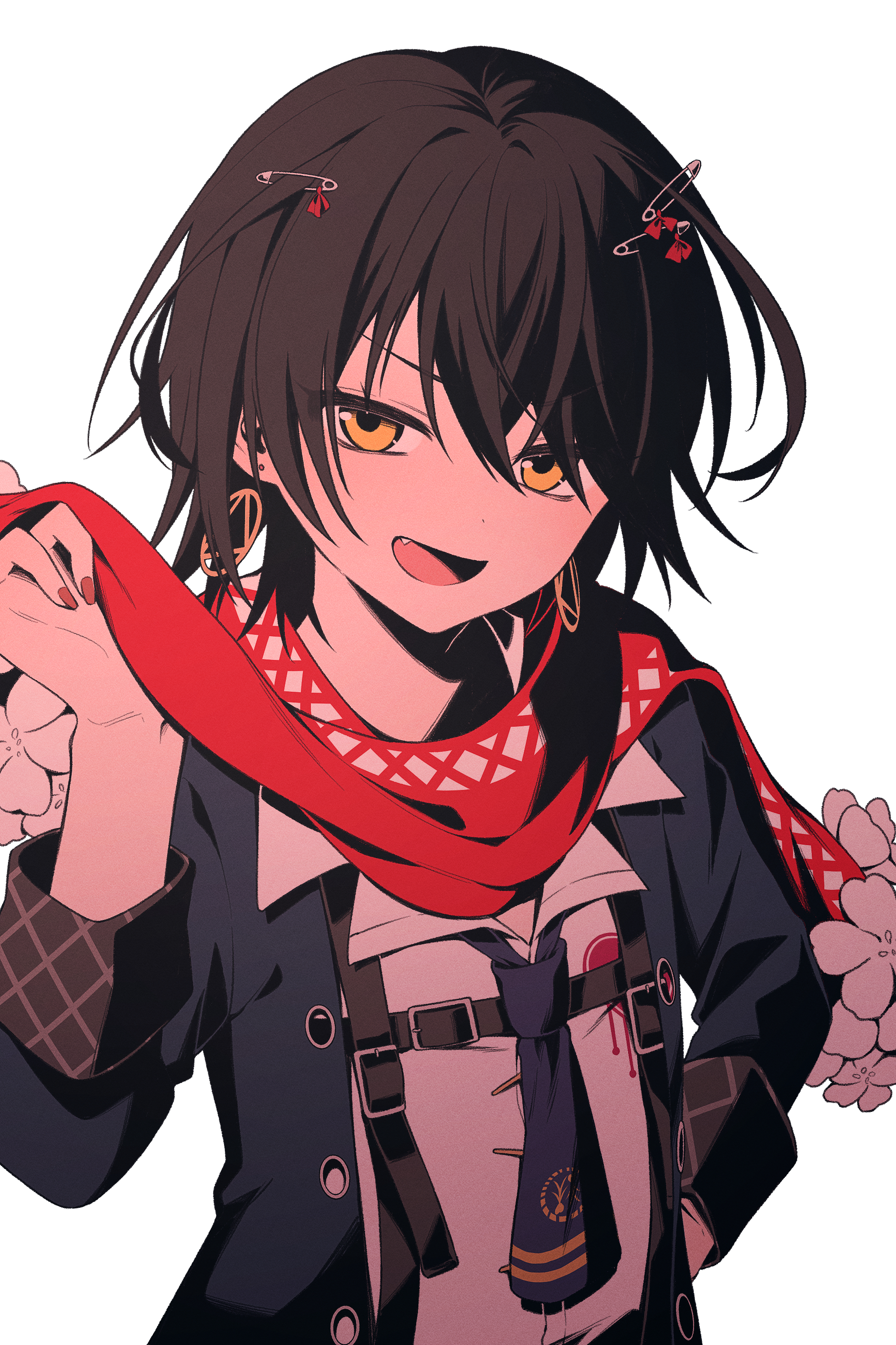 easy-0426, mashiro meme, mashiro meme (1st costume), nijisanji, absurdres, commentary request, highres, 1boy, black hair, blue coat, blue necktie, coat, earrings, fang, jewelry, looking at viewer, male focus, nail polish, necktie, open mouth, red scarf, safety pin hair ornament, scarf, short hair, simple background, smile, solo, suspenders, two side up, upper body, virtual youtuber, white background, yellow eyes
