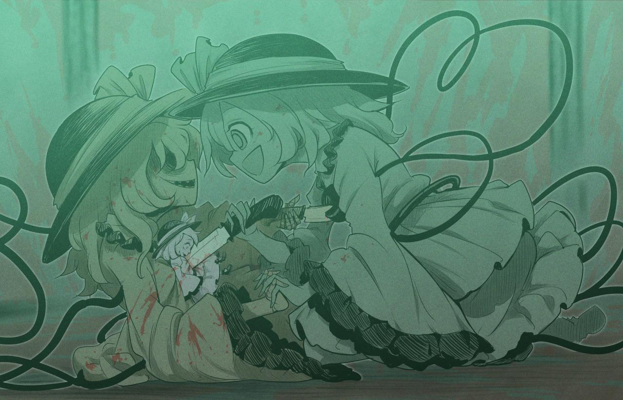 joyfull (terrace), komeiji koishi, touhou, urban legend in limbo, commentary request, :d, blood, blood on clothes, boots, dual persona, film grain, holding hands, kneeling, knife, looking at another, monochrome, muisiki rekuiemu, open mouth, ribbon, sitting, skirt, smile, stab, third eye