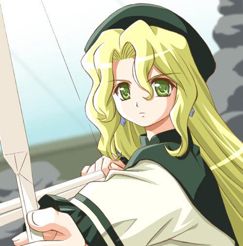 shiumai, siumai, michelle cheung, r.o.d the tv, read or die, 00s, 1girl, beret, blonde hair, bow (weapon), earrings, female focus, green eyes, green hair, hat, jewelry, long hair, matching hair/eyes, smoke, solo, very long hair, weapon, yellow eyes