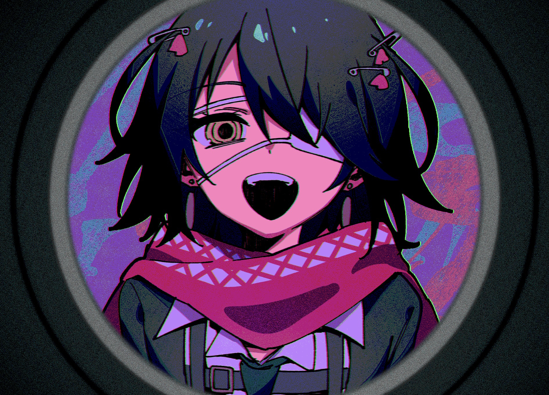 easy-0426, mashiro meme, monitoring (vocaloid), nijisanji, commentary request, highres, 1boy, :d, black hair, blue necktie, collared shirt, doorway, eyepatch, film grain, looking at viewer, male focus, medical eyepatch, necktie, open mouth, pov doorway, red scarf, safety pin hair ornament, scarf, shirt, short hair, smile, solo, teeth, two side up, upper body, upper teeth only, virtual youtuber, white shirt, yellow eyes