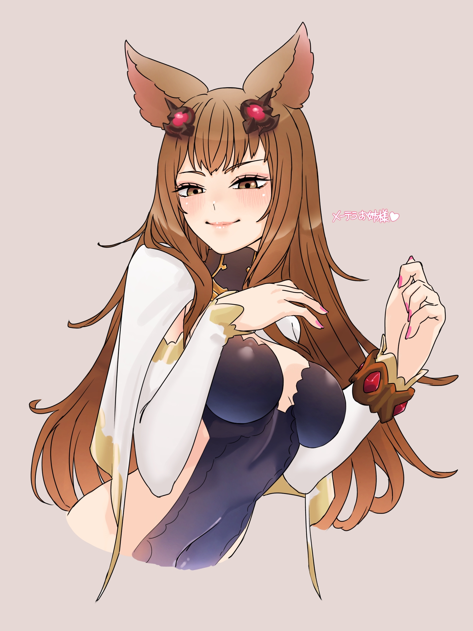 niwaikanai, metera (granblue fantasy), granblue fantasy, commentary request, highres, translation request, 1girl, animal ears, backless dress, backless outfit, black dress, blush, bracelet, breasts, brown eyes, brown hair, capelet, cleavage, covered navel, detached collar, detached sleeves, dress, erune, fox ears, hair ornament, jewelry, large breasts, long hair, looking at viewer, smile, solo, white capelet