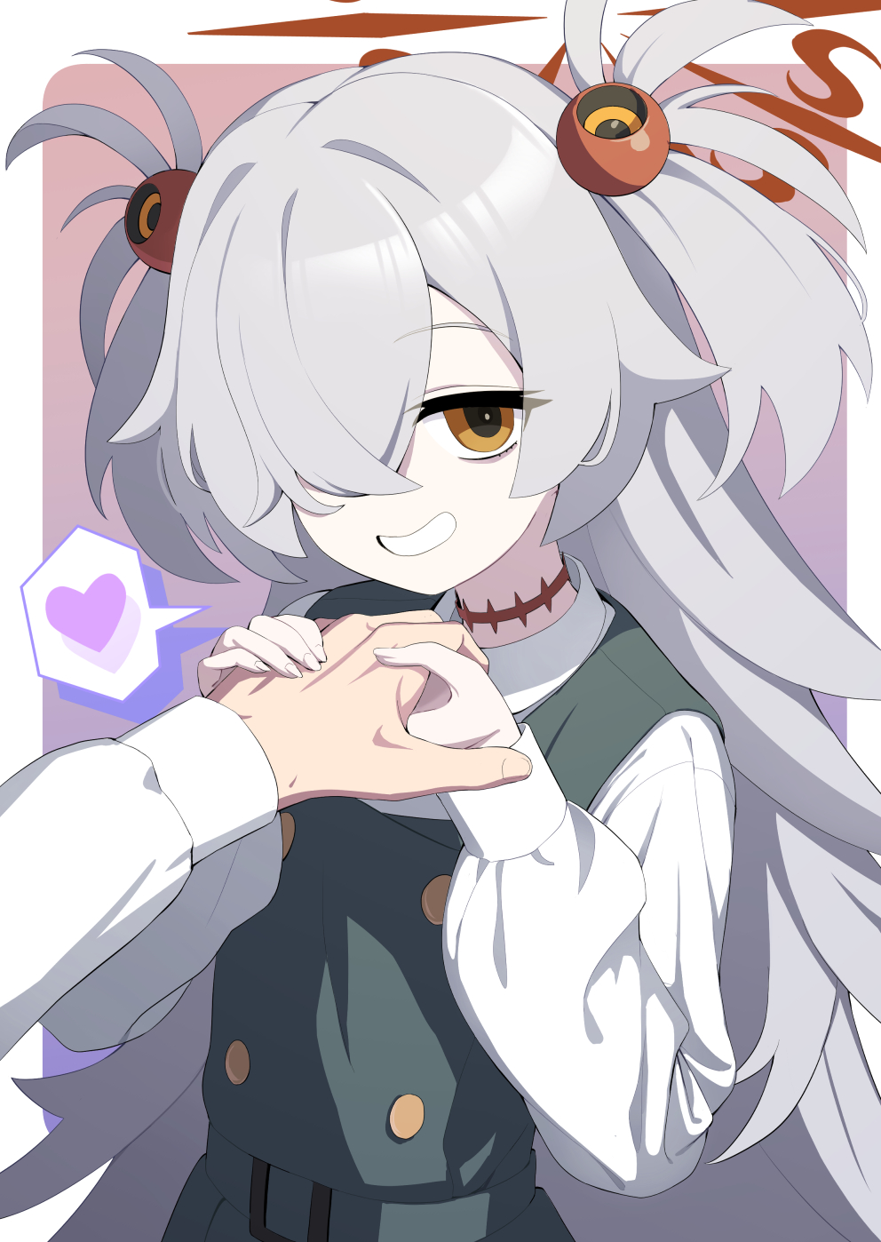 shrimp1634, kanoe (blue archive), blue archive, commentary, highres, 1boy, 1girl, belt, belt buckle, black dress, border, brown halo, buckle, buttons, collared shirt, double-breasted, dress, flat chest, gradient background, grey hair, grin, hair over one eye, halo, hand grab, hands up, heart, long bangs, long hair, long sleeves, looking at viewer, messy hair, mojyo, orange eyes, outside border, pale skin, parted bangs, pinafore dress, pink background, puffy long sleeves, puffy sleeves, purple background, scar, scar on neck, shirt, short twintails, sidelocks, sleeve cuffs, sleeveless, sleeveless dress, smile, speech bubble, sphere hair ornament, spoken heart, teeth, twintails, upper body, very long hair, white border, white shirt