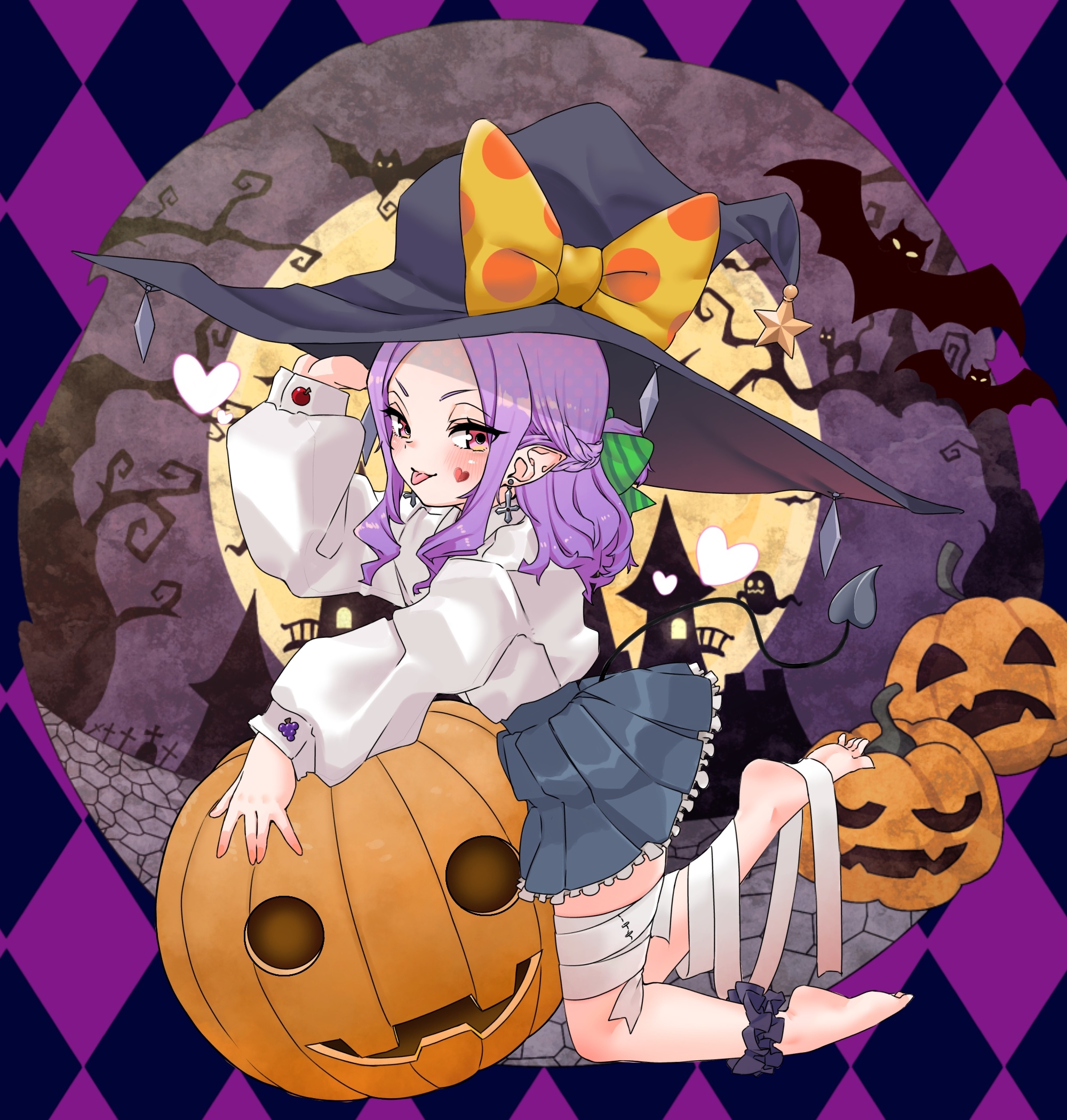 niwaikanai, wu zetian (fate), fate/grand order, fate (series), commentary request, highres, textless version, 1girl, barefoot, bat (animal), black hat, blush, bow, breasts, forehead, full moon, grey skirt, hair ribbon, hat, jack-o'-lantern, long sleeves, looking at viewer, medium hair, moon, parted bangs, pointy ears, pumpkin, purple eyes, purple hair, ribbon, shirt, sidelocks, skirt, small breasts, smile, solo, tongue, tongue out, white shirt, witch hat