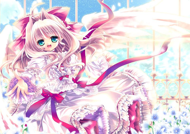 capura lin, original, bad id, bad pixiv id, tagme, ahoge, cowboy shot, day, diffraction spikes, frills, hair intakes, half updo, lolita fashion, reaching, reaching towards viewer, ribbon, solo, wavy hair, wings