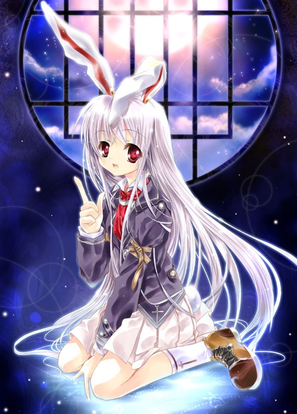 capura lin, reisen udongein inaba, touhou, bad id, bad pixiv id, 1girl, animal ears, female focus, full body, indoors, moon, rabbit ears, sitting, sky, solo