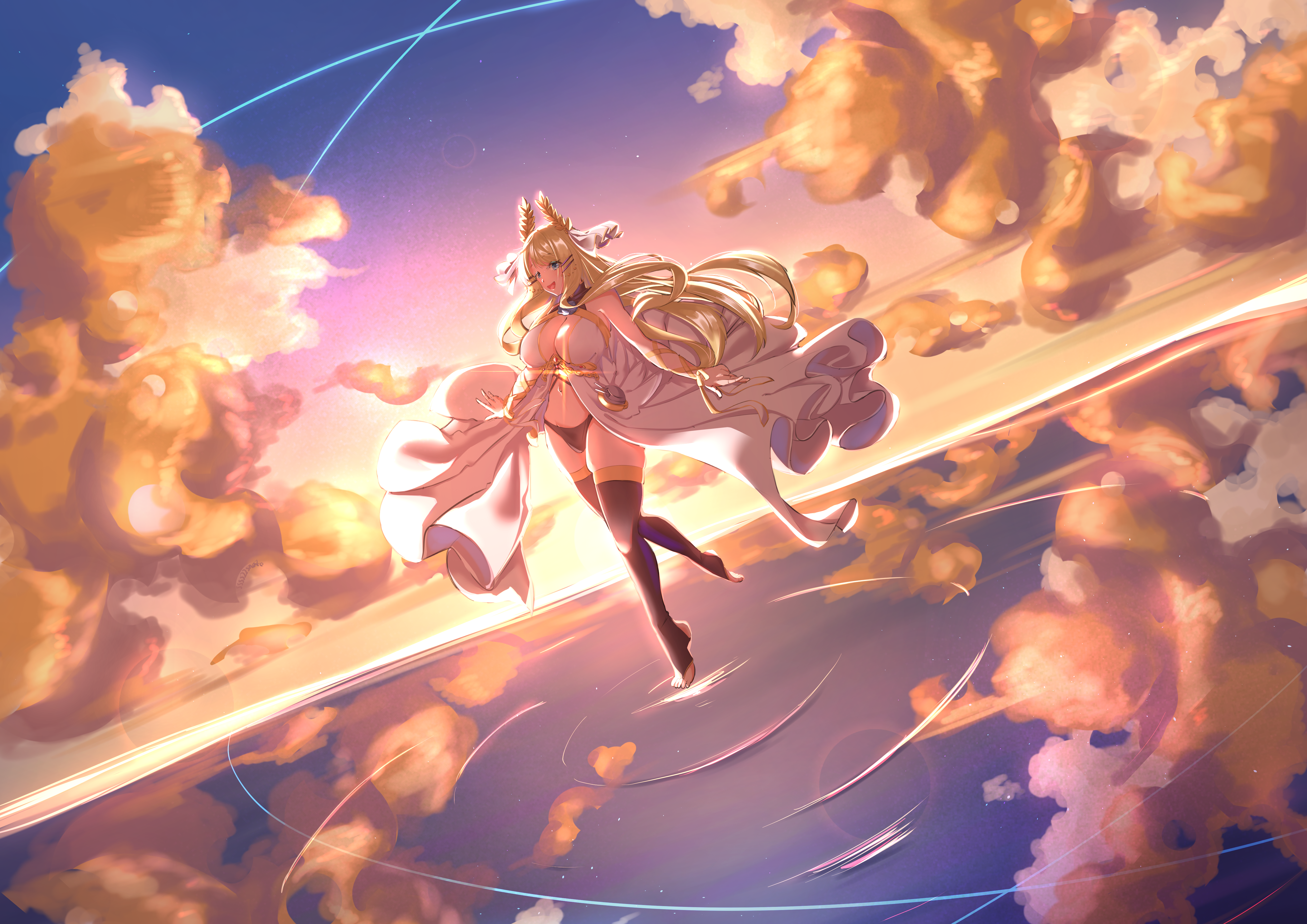 ssss22snake, victorious (azur lane), azur lane, absurdres, highres, 1girl, bare shoulders, black panties, black thighhighs, blonde hair, blue eyes, blue flower, blue rose, breasts, center opening, cleavage, cloud, cloudy sky, dress, dutch angle, evening, flower, large breasts, laurel crown, long hair, looking at viewer, open mouth, panties, rose, showgirl skirt, sky, solo, stirrup legwear, thighhighs, toeless legwear, underwear, very long hair, walking, walking on liquid, water, white dress