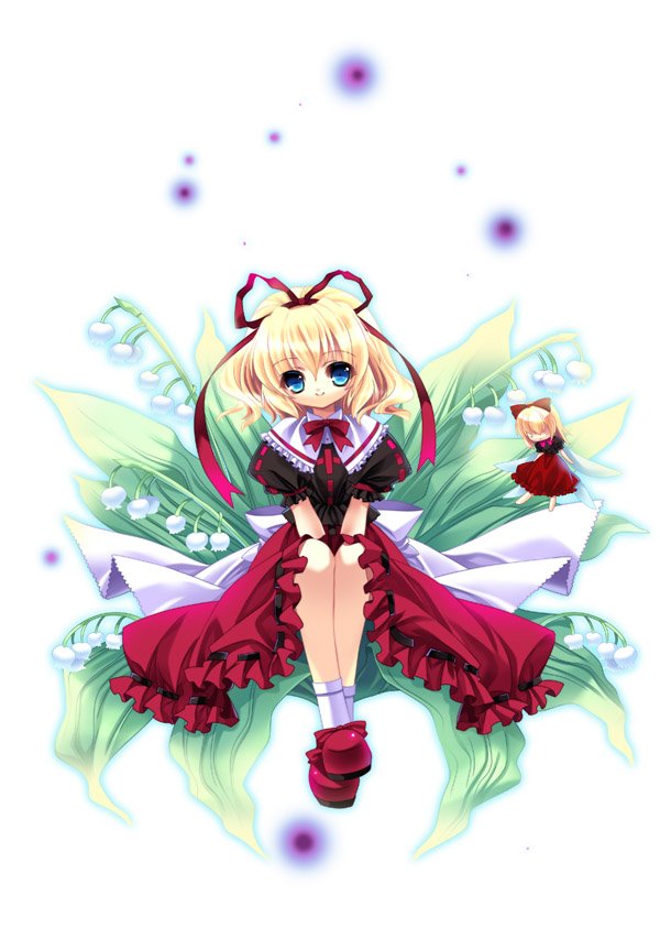 capura lin, medicine melancholy, su-san, touhou, bad id, bad pixiv id, 1girl, blonde hair, blue eyes, doll, dress, female focus, flying, full body, leaf, looking at viewer, puffy short sleeves, puffy sleeves, red dress, short hair, short sleeves, simple background, sitting, size difference, solo, white background, wings