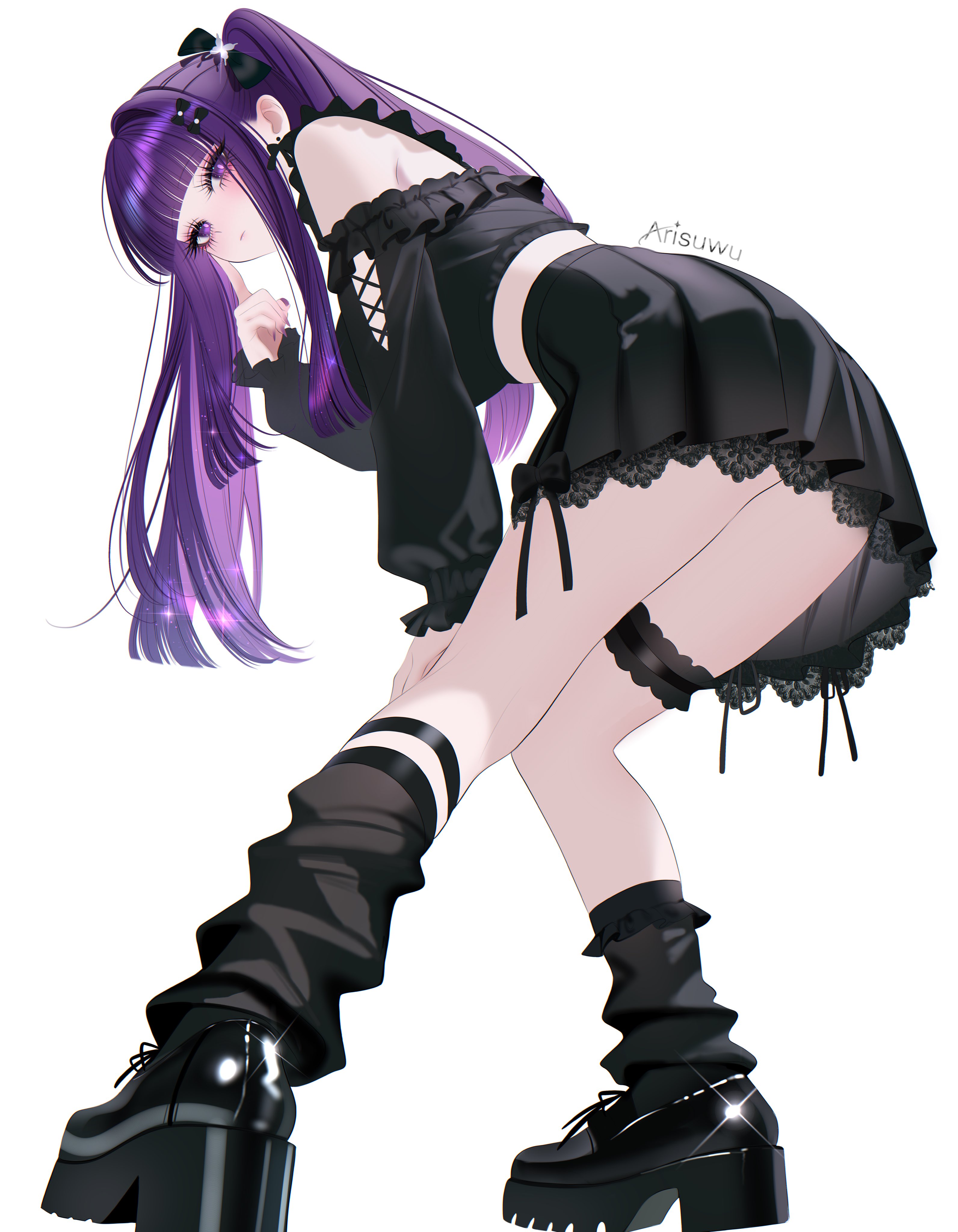 707arisu, fern (sousou no frieren), sousou no frieren, absurdres, commentary, highres, 1girl, artist name, bare shoulders, black bow, black shoes, black skirt, black socks, blunt bangs, blush, bow, breasts, closed mouth, contemporary, earrings, from behind, from below, full body, hair ornament, hand on own cheek, hand on own face, hand on own knee, jewelry, kneehighs, leaning forward, legs, long hair, long sleeves, looking at viewer, nail polish, off-shoulder shirt, off shoulder, pleated skirt, purple eyes, purple hair, purple nails, purple pupils, shirt, shoes, sidelocks, simple background, skirt, socks, solo, straight hair, thigh strap, thighs, twintails, white background