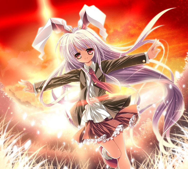 capura lin, reisen udongein inaba, touhou, bad id, bad pixiv id, 1girl, animal ears, blouse, diffraction spikes, female focus, long hair, miniskirt, necktie, outdoors, plant, rabbit ears, red necktie, shirt, skirt, sky, socks, solo, standing, standing on one leg, sun, very long hair, white shirt