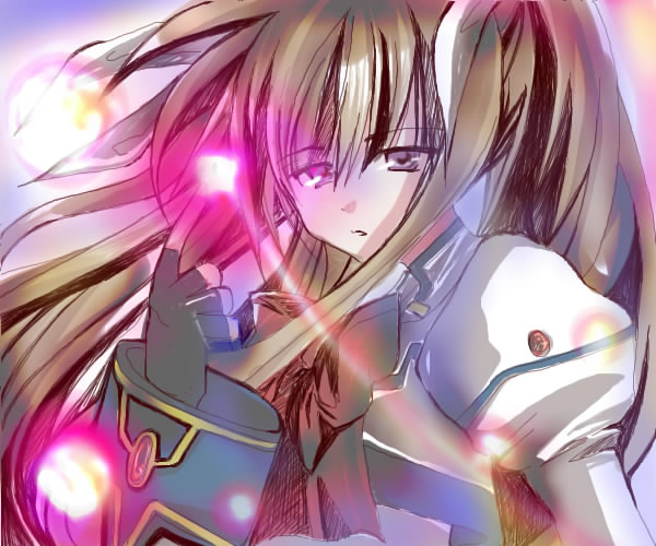 takamachi nanoha, lyrical nanoha, mahou shoujo lyrical nanoha, mahou shoujo lyrical nanoha strikers, 00s, 1girl, :o, female focus, fingerless gloves, gloves, glowing, magical girl, open mouth, solo, white devil
