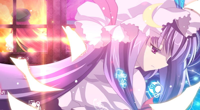capura lin, hong meiling, patchouli knowledge, embodiment of scarlet devil, touhou, bad id, bad pixiv id, 2girls, back, blue ribbon, crescent, crescent hair ornament, eyelashes, female focus, flying paper, green hat, hair ornament, hair ribbon, hat, indoors, long hair, mob cap, multiple girls, paper, pink ribbon, purple eyes, purple hair, purple hat, red hair, ribbon, sunset, upper body, window