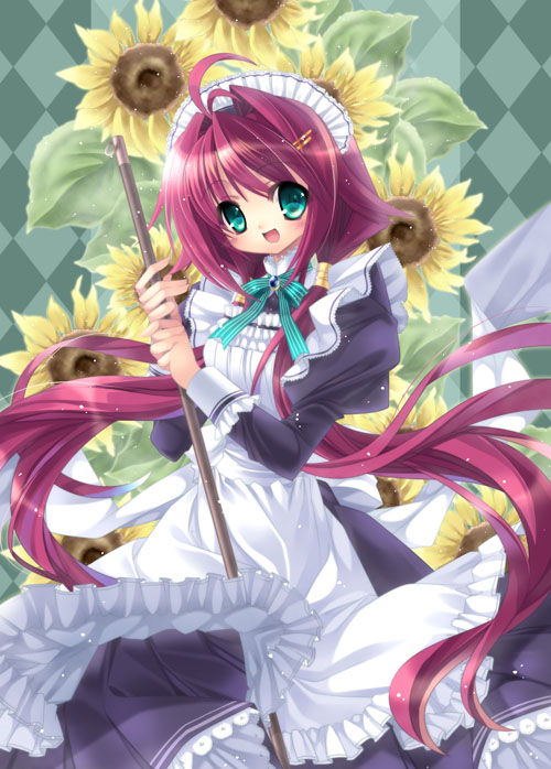 capura lin, original, bad id, bad pixiv id, antenna hair, cowboy shot, flower, frills, green background, hair intakes, head tilt, long hair, maid, solo, standing, sunflower, very long hair