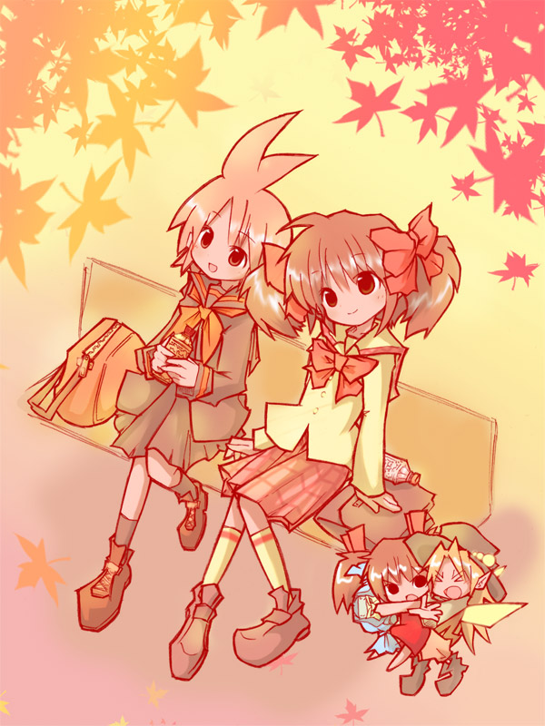 oiyoiyo, original, ahoge, autumn, autumn leaves, chibi, hair ribbon, leaf, ribbon, school uniform, serafuku