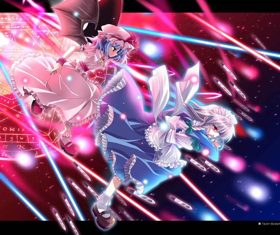 capura lin, izayoi sakuya, remilia scarlet, imperishable night, touhou, brown footwear, silver hair, white legwear, 2girls, apron, bat wings, blue dress, bobby socks, bow, braid, brooch, closed mouth, dagger, danmaku, dress, female focus, floating, floating object, frilled dress, frilled shirt collar, frilled sleeves, frills, from side, full body, gem, green bow, hair bow, hat, jewelry, knife, laser, letterboxed, long hair, long sleeves, magic circle, maid, maid headdress, mary janes, mob cap, multiple girls, pink dress, pink eyes, pink hat, pink shoes, profile, puffy short sleeves, puffy sleeves, purple hair, red eyes, sash, shoes, short hair, short sleeves, smile, socks, twin braids, weapon, white apron, wings, wristband