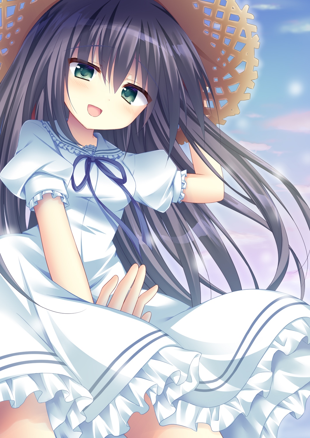 korokoro cat, kousaka chihaya, natsuzora kanata, commentary request, highres, 1girl, :d, black hair, blue ribbon, blue sky, blush, cowboy shot, day, dress, eyes visible through hair, floating clothes, floating hair, frilled dress, frilled sailor collar, frilled sleeves, frills, green eyes, hair between eyes, hand up, happy, hat, long hair, looking at viewer, open mouth, outdoors, puffy short sleeves, puffy sleeves, ribbon, sailor collar, sailor dress, short sleeves, sky, smile, solo, straight hair, straw hat, very long hair, white sailor collar, wind