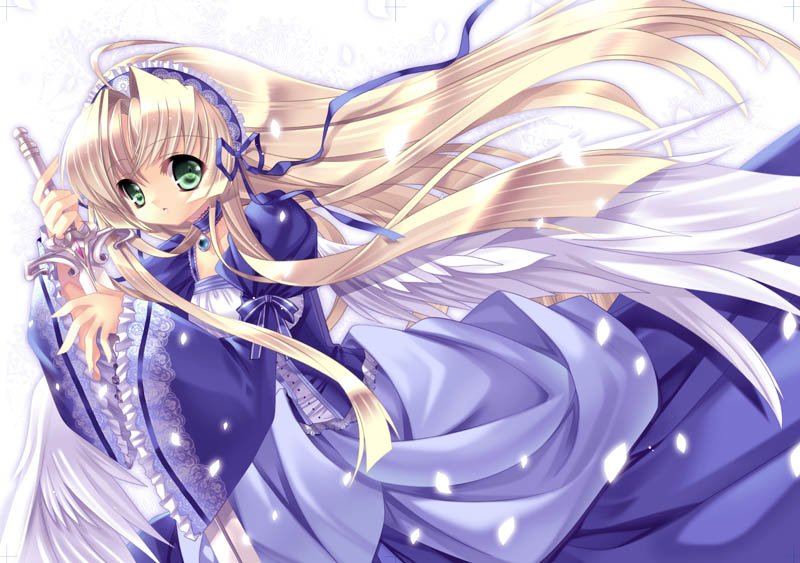 capura lin, original, bad id, bad pixiv id, 1girl, blonde hair, falling petals, green eyes, holding, holding sword, holding weapon, petals, solo, sword, weapon, white wings, wings