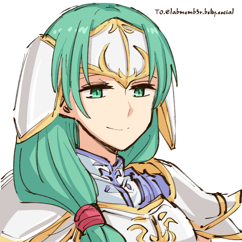 alonemistrist, sigrun (fire emblem), fire emblem, fire emblem: path of radiance, nintendo, commentary, english commentary, 1girl, armor, breastplate, closed mouth, green eyes, green hair, long hair, looking at viewer, pauldrons, shoulder armor, smile, solo, upper body, white background