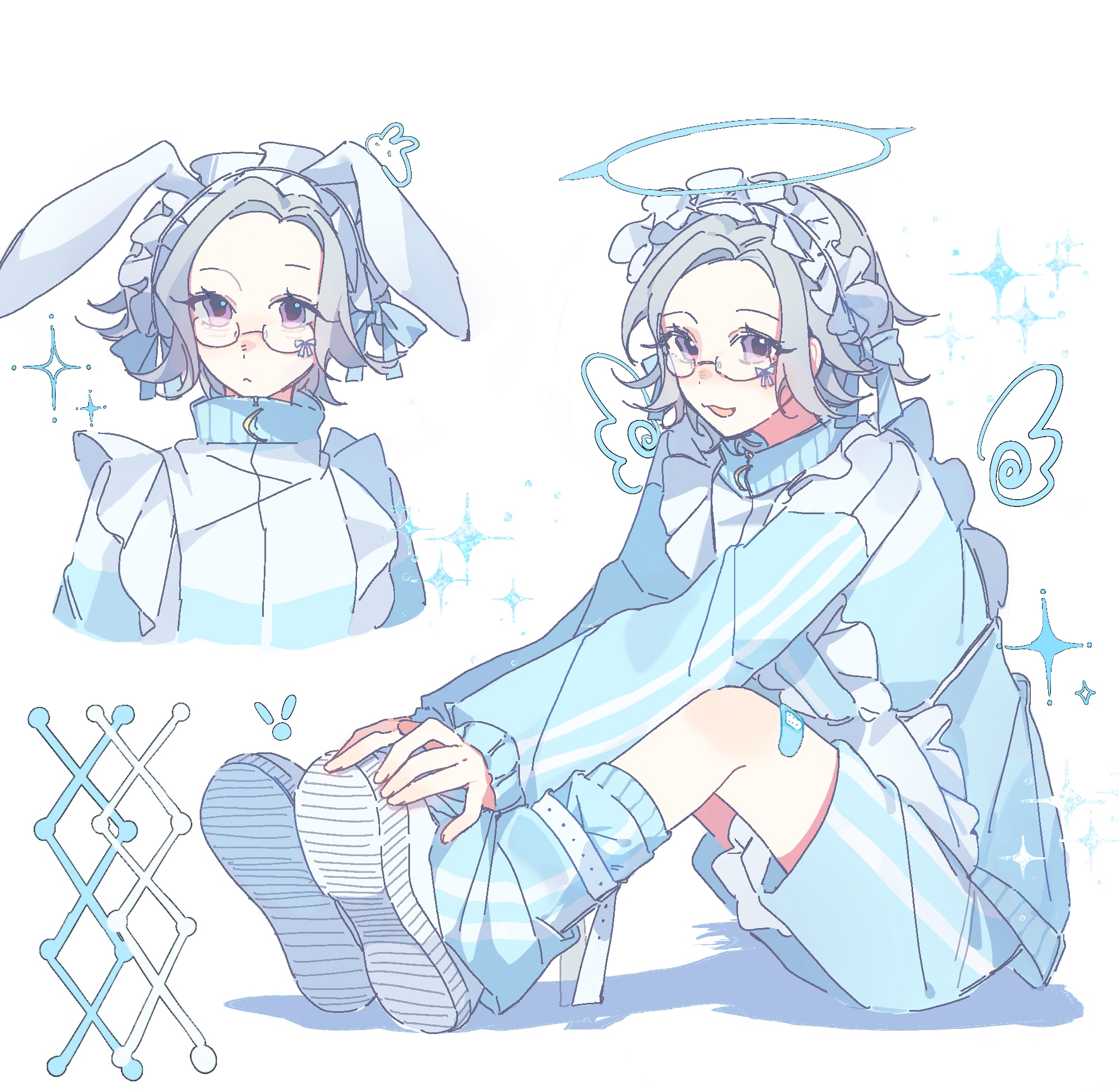 aotsuki eito, the hundred line -last defense academy-, chinese commentary, commentary request, highres, 1boy, :<, alternate costume, ankle strap, apron, bandaid, bandaid on leg, blue bow, blue halo, blue leg warmers, blue shirt, blue shorts, bow, bow hairband, crescent, drawn wings, eyewear bow, frilled apron, frilled hairband, frills, glasses, grey hair, hairband, halo, hands on own feet, knees up, laiyinye, leg warmers, long sleeves, looking at viewer, male focus, multiple views, purple eyes, shirt, short hair, shorts, simple background, sitting, sparkle, white apron, white background, white bow