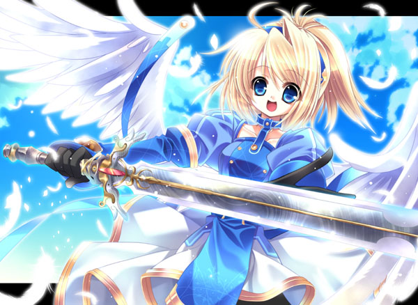 capura lin, original, 1girl, :d, blonde hair, blue eyes, feathers, female focus, gloves, open mouth, short hair, sky, smile, solo, sword, weapon, wings