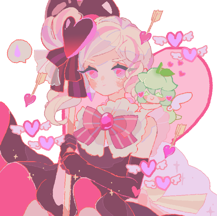 reed, blue lily cookie, blue lily cookie (sweet heartmender), lilybell cookie, cookie run, cookie run: ovenbreak, commentary, symbol-only commentary, 2girls, :d, ^ ^, arrow (projectile), back bow, bare shoulders, black dress, black gloves, bow, bowtie, brown bow, closed eyes, closed mouth, curly hair, dress, elbow gloves, fairy, fairy wings, film grain, gloves, green hair, hair between eyes, hands up, heart, high side ponytail, holding, humanization, long hair, looking at viewer, mini person, minigirl, multicolored hair, multiple girls, official alternate costume, official alternate hair color, official alternate hairstyle, open mouth, pink bow, pink bowtie, pink brooch, pink dress, pink eyes, pink hair, short hair, side ponytail, simple background, sleeveless, sleeveless dress, smile, solo focus, streaked hair, striped bow, sweatdrop, two-sided dress, two-sided fabric, two-tone hair, v-shaped eyebrows, white background, white hair, wings, yellow bow