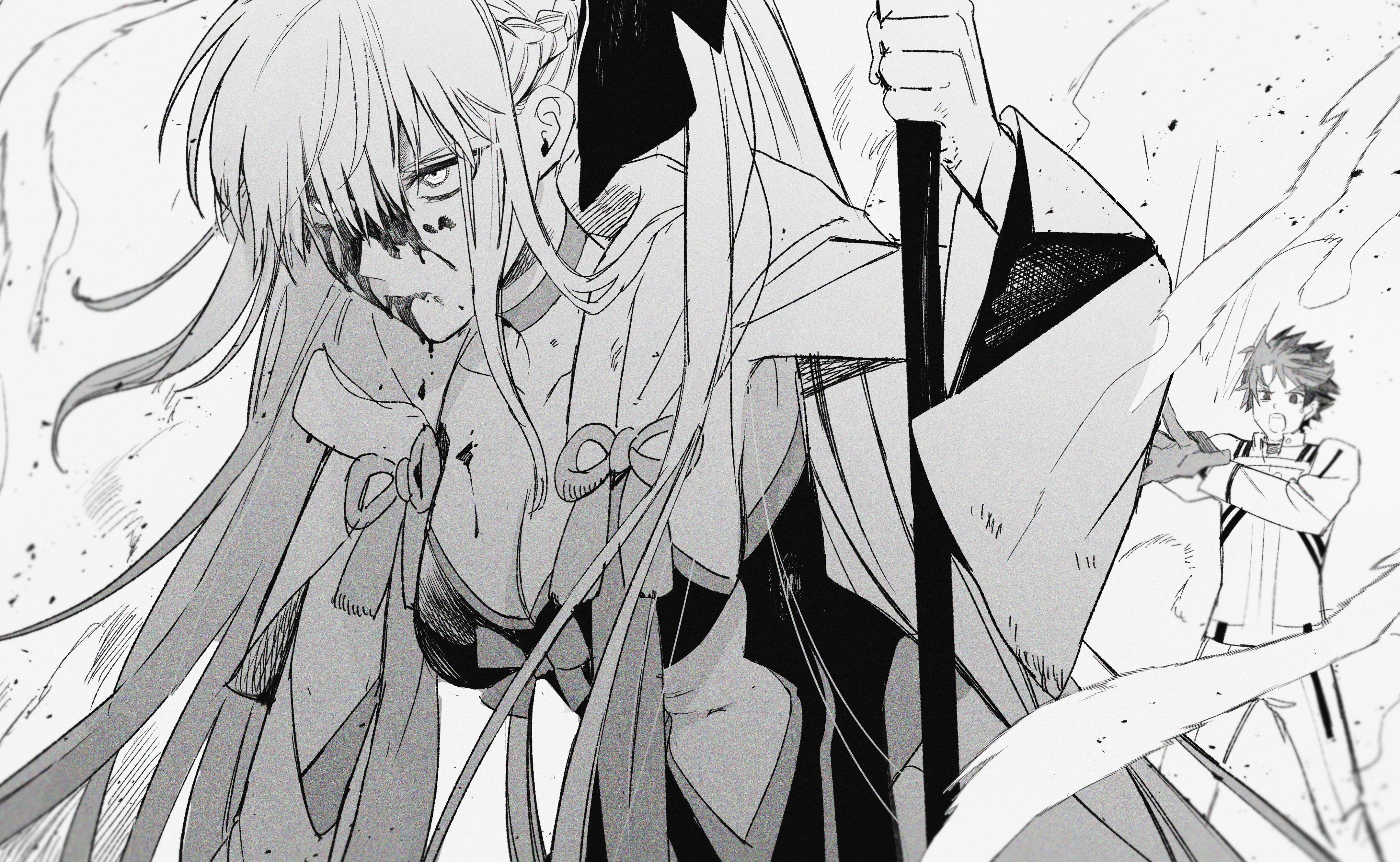 ryousuke (tukr5384), fujimaru ritsuka (male), morgan le fay (fate), morgan le fay (second ascension) (fate), fate/grand order, fate (series), absurdres, commentary request, highres, 1boy, 1girl, black bow, black hair, blood, blood on face, bow, braid, breasts, cleavage, hair between eyes, hair bow, half up braid, holding, holding polearm, holding weapon, long hair, long sleeves, monochrome, polearm, ponytail, short hair, very long hair, weapon