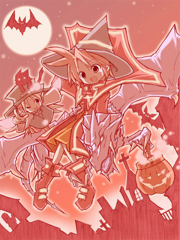 oiyoiyo, original, 2girls, ahoge, bat (animal), dragon, full moon, halloween, hat, moon, multiple girls, one eye closed, red hair, wink, witch hat
