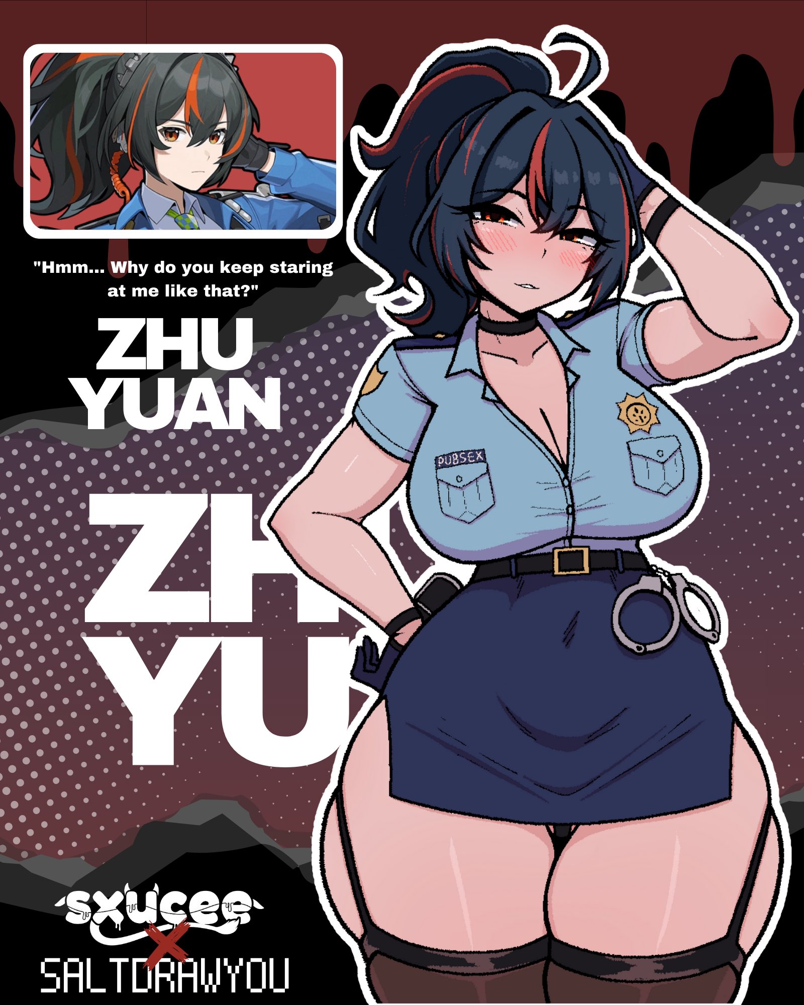 saltdrawyou, zhu yuan, zenless zone zero, commentary, english commentary, highres, second-party source, 1girl, ahoge, arm behind head, arm up, artist name, badge, belt, belt buckle, black belt, black choker, black gloves, black hair, black panties, black thighhighs, blue shirt, blue skirt, blush, breast pocket, breasts, buckle, buttons, character name, choker, cleavage, collarbone, cowboy shot, crossed bangs, cuffs, curvy, double-parted bangs, english text, garter belt, gloves, hair between eyes, handcuffs, large breasts, looking at viewer, microskirt, multicolored hair, narrow waist, panties, parted lips, pocket, police, police badge, police uniform, policewoman, ponytail, purple background, red eyes, red streaks, shirt, short hair, short sleeves, side slit, skindentation, skirt, smile, solo focus, straight-on, streaked hair, thick thighs, thighhighs, thighs, underwear, wristband
