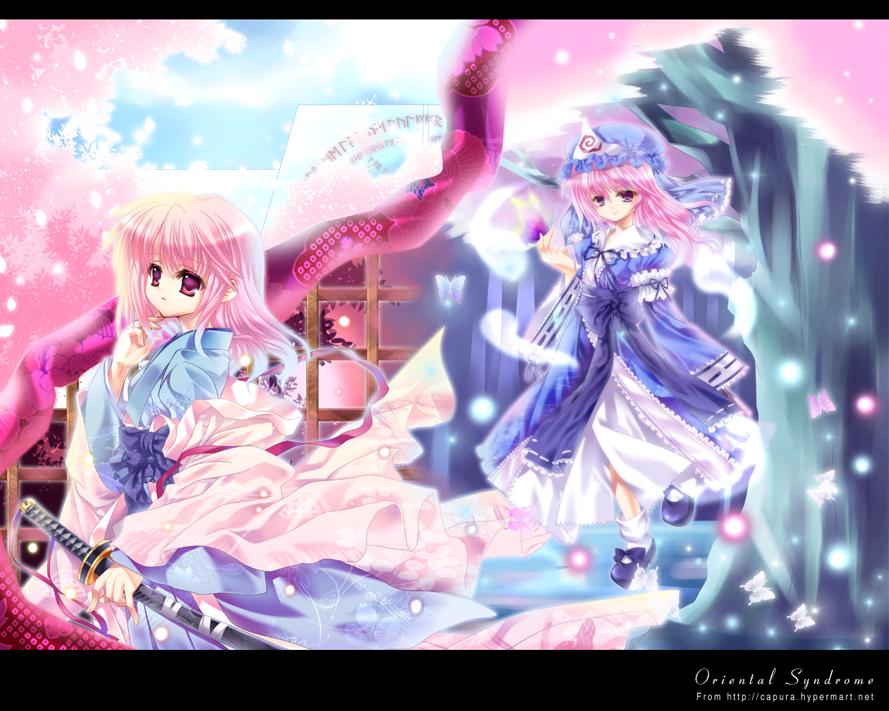 capura lin, konpaku youmu, saigyouji yuyuko, saigyouji yuyuko (living), touhou, 2girls, bug, butterfly, cherry blossoms, dual persona, english text, female focus, full body, holding, insect, japanese clothes, katana, kimono, letterboxed, multicolored eyes, multiple girls, pink eyes, purple eyes, sad, short hair, sword, time paradox, tree, watermark, weapon, web address, wide sleeves