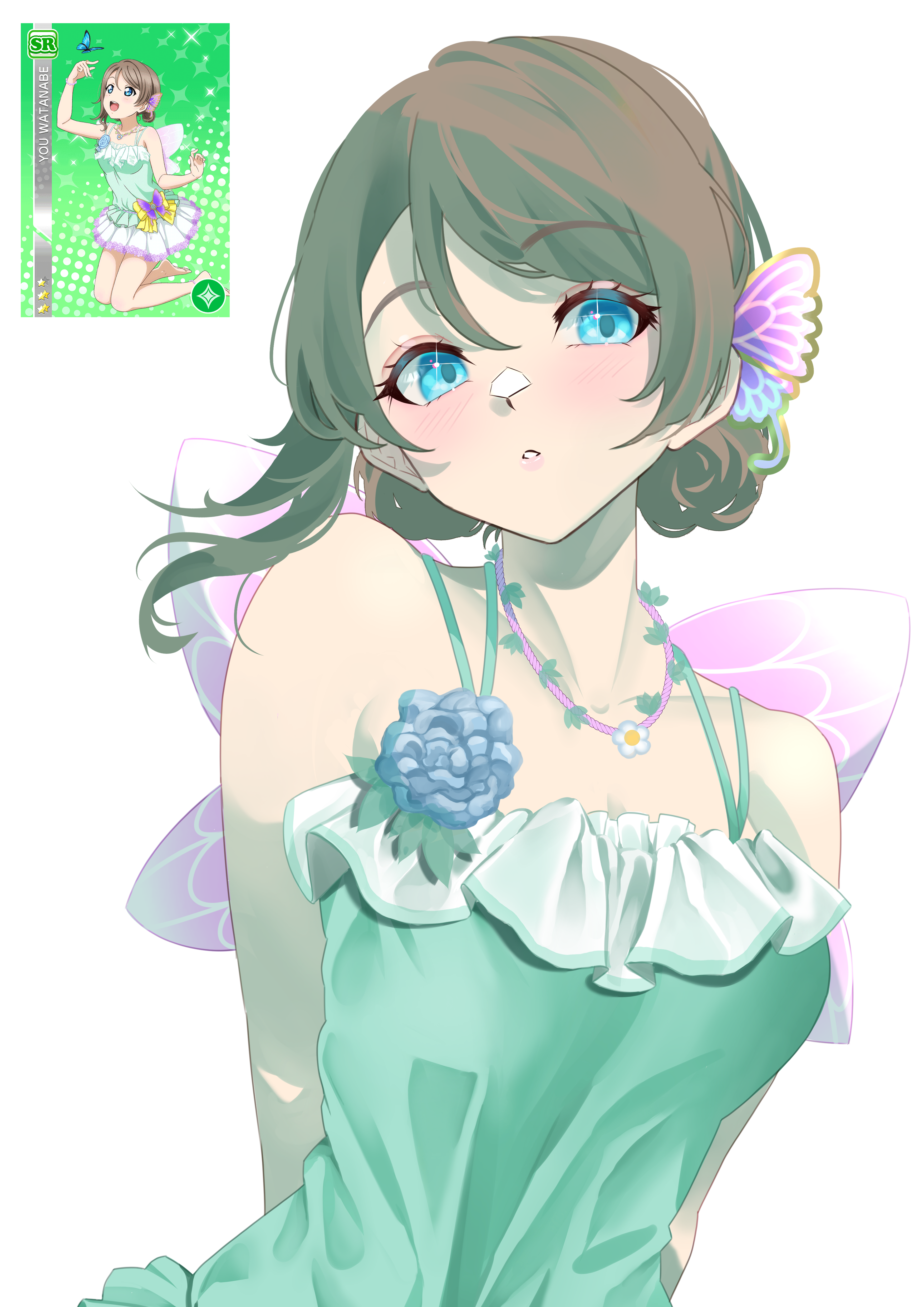 watanabe you, love live!, love live! sunshine!!, reference photo, 1girl, blue eyes, blush, breasts, brown hair, dress, grey hair, open mouth, reference inset, short hair, solo