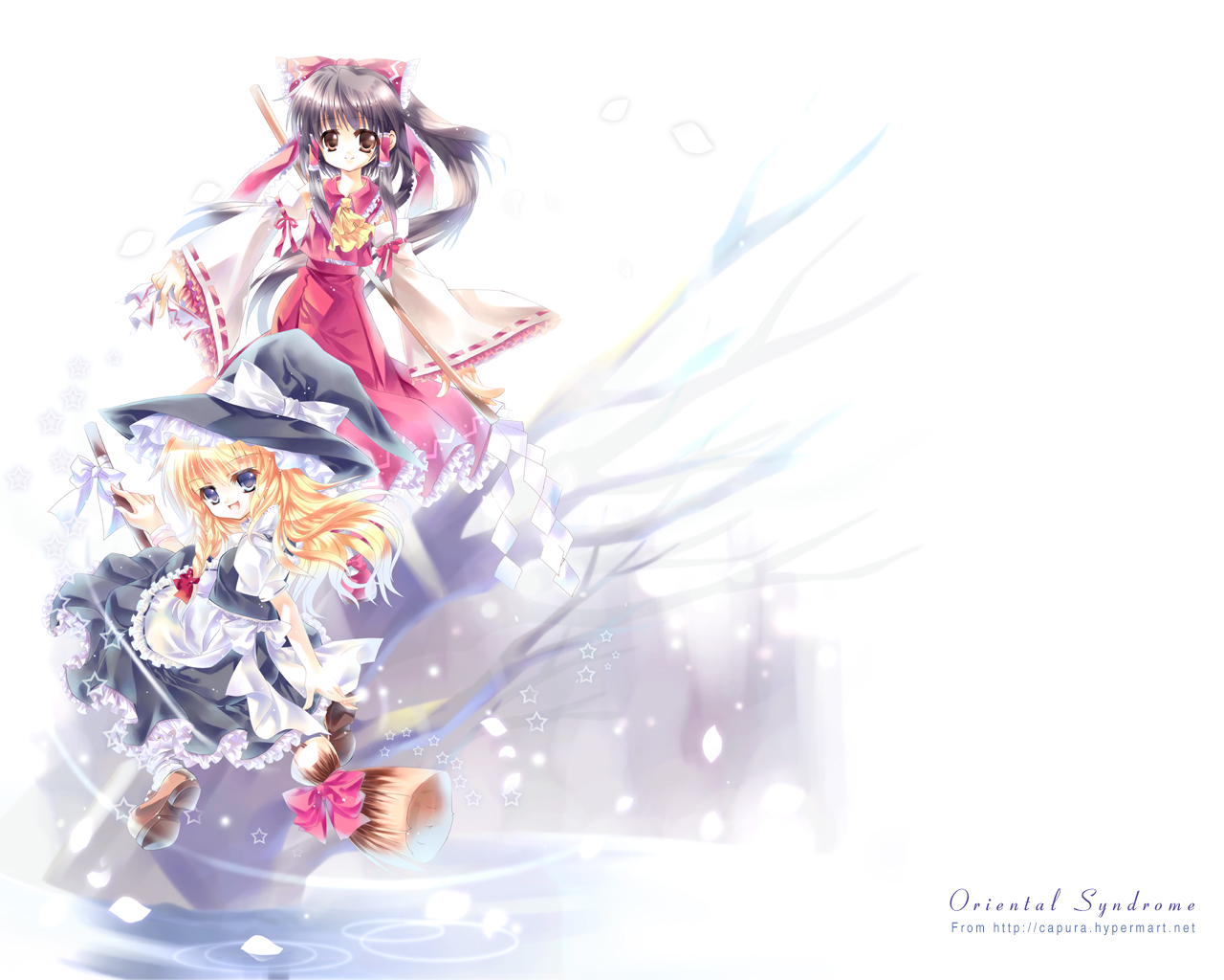 capura lin, hakurei reimu, kirisame marisa, touhou, 2girls, apron, ascot, bare tree, between fingers, black eyes, black hair, black hat, black skirt, black vest, blonde hair, bow, braid, broom, broom riding, brown eyes, closed mouth, detached sleeves, female focus, flying, frilled apron, frills, gohei, hair bow, hair tubes, hat, hat bow, hat ribbon, holding, in tree, lake, long hair, looking at viewer, multiple girls, ofuda, petals, puffy short sleeves, puffy sleeves, red bow, red ribbon, red skirt, ribbon, ribbon-trimmed sleeves, ribbon trim, ripples, shide, shirt, short sleeves, sidesaddle, single braid, sitting, skirt, smile, standing, star (symbol), tree, vest, waist apron, water, watermark, web address, white apron, white background, white bow, white ribbon, white shirt, wind, witch hat