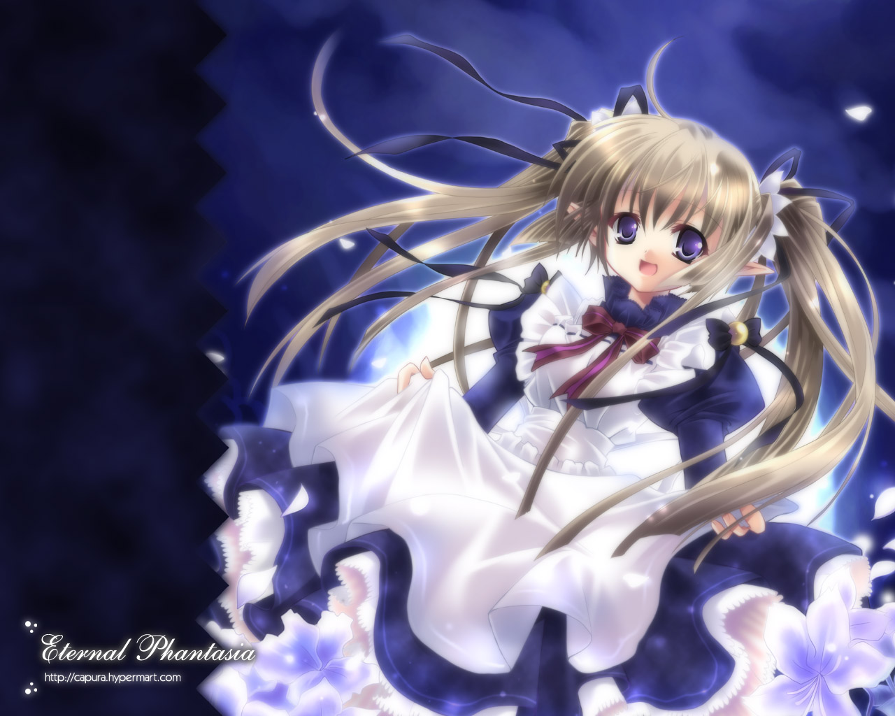 capura lin, original, 1girl, :d, blonde hair, clothes lift, female focus, flower, long hair, maid, open mouth, petals, pointy ears, purple hair, ribbon, skirt, skirt hold, skirt lift, smile, solo, twintails, watermark, web address