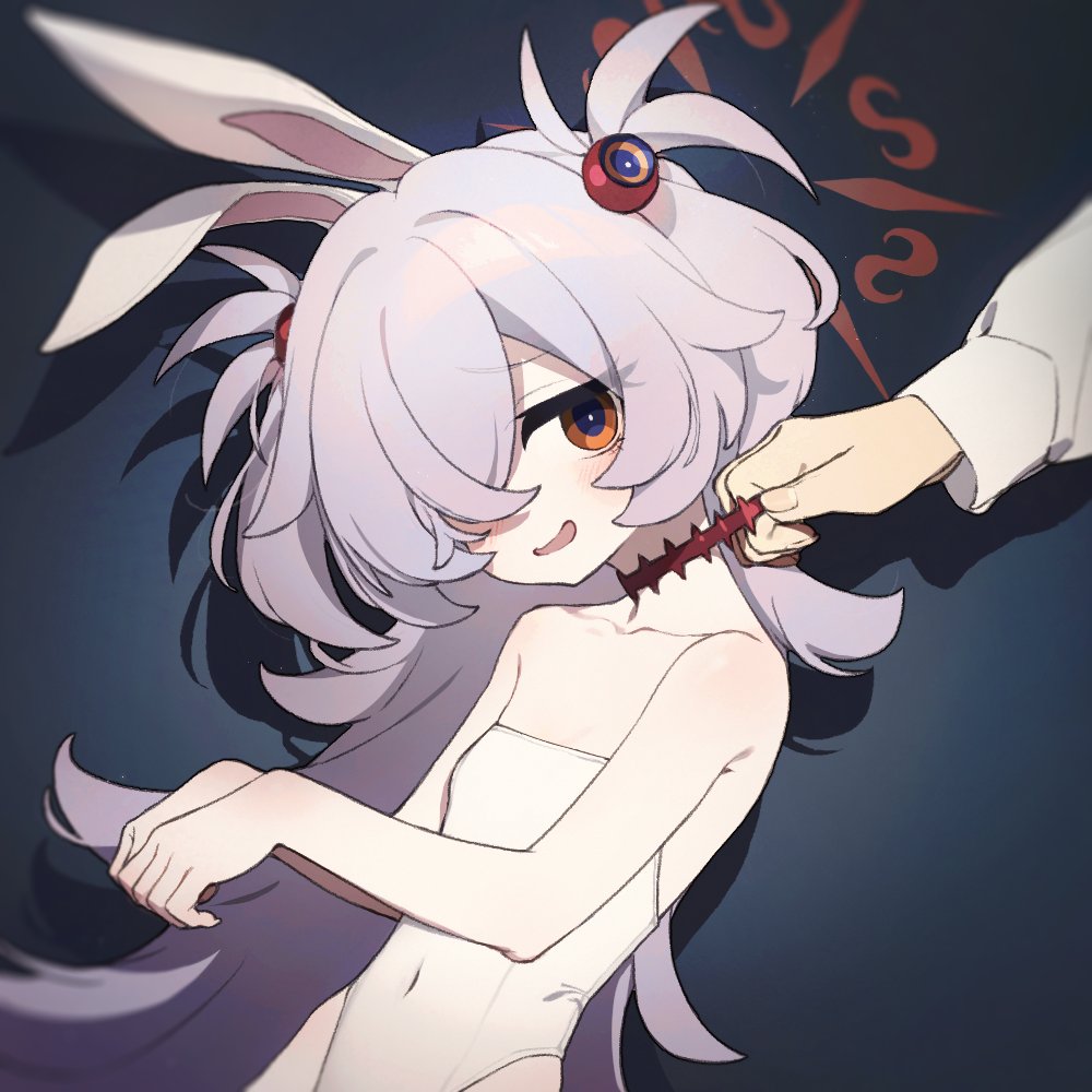 fe (sakura), kanoe (blue archive), blue archive, commentary request, 1girl, animal ears, brown halo, choker, grey hair, hair over one eye, halo, leotard, messy hair, open mouth, orange eyes, playboy bunny, rabbit ears, red choker, upper body, white leotard
