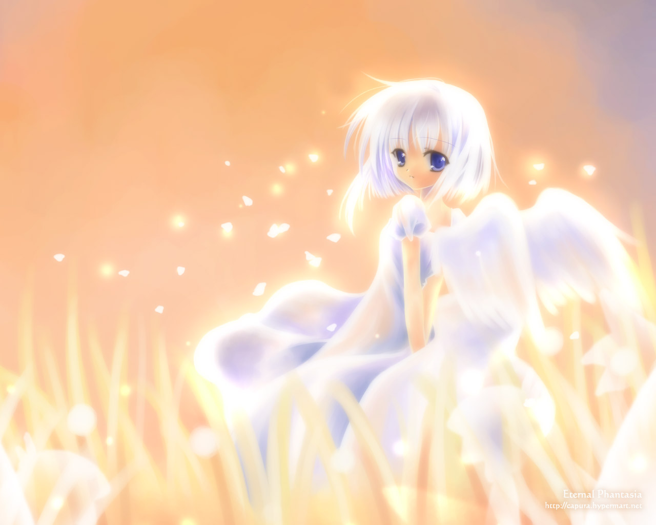capura lin, tagme, blue eyes, solo, white hair, wings