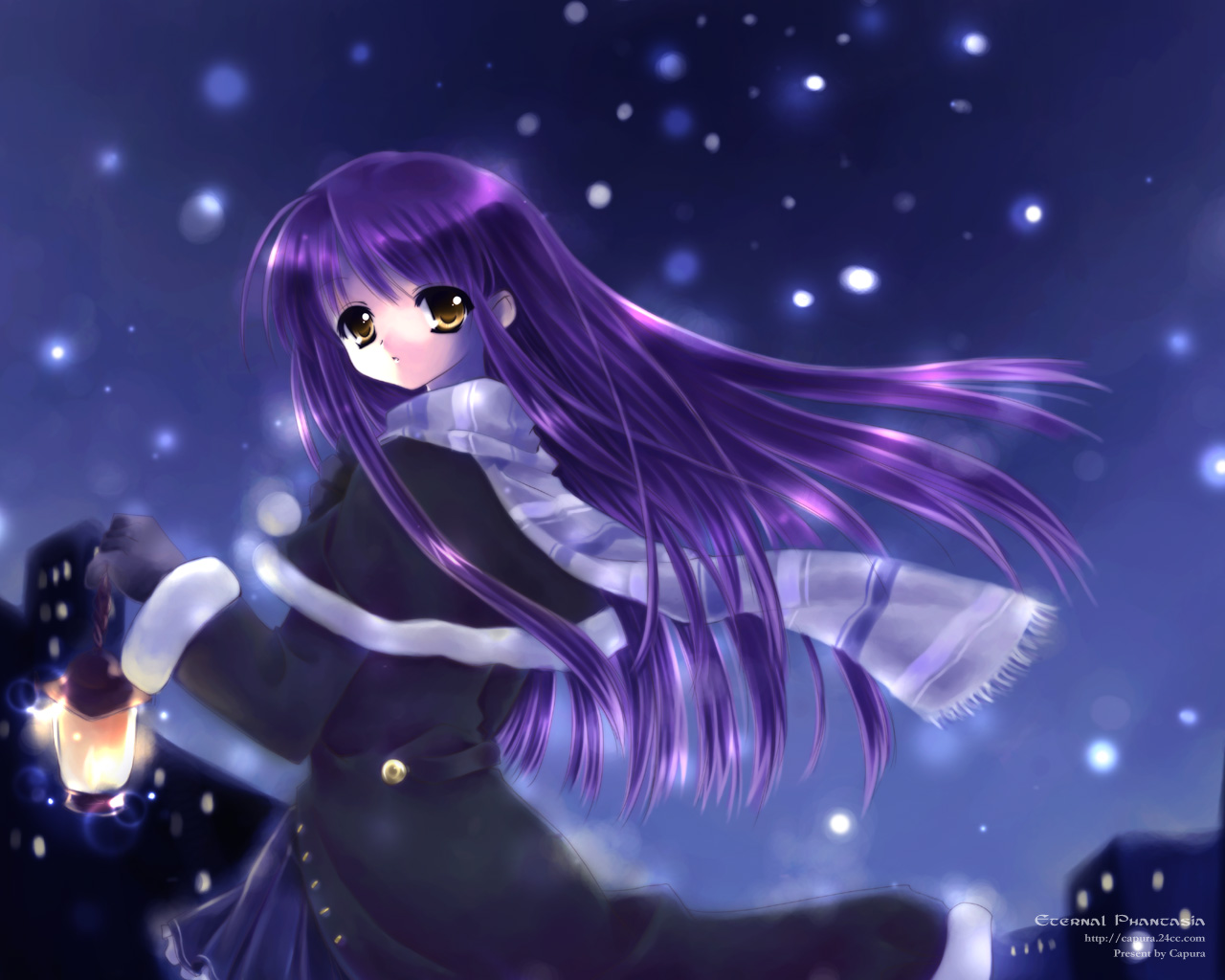 capura lin, original, 1girl, blue scarf, female focus, lamp, long hair, night, purple hair, scarf, snow, snowing, solo, striped clothes, striped scarf, yellow eyes
