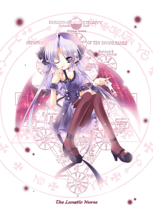 capura lin, original, 1girl, bat wings, female focus, magic circle, pantyhose, purple eyes, purple hair, solo, thighhighs, twintails, wings