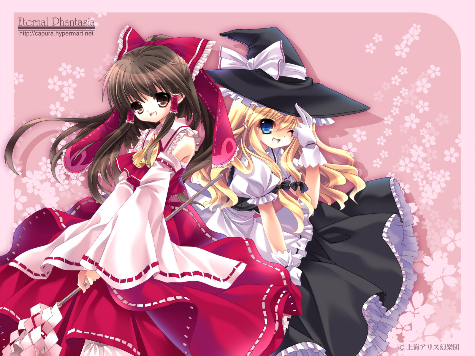 capura lin, hakurei reimu, kirisame marisa, touhou, highres, 2girls, blonde hair, english text, female focus, hat, multiple girls, simple background, witch hat