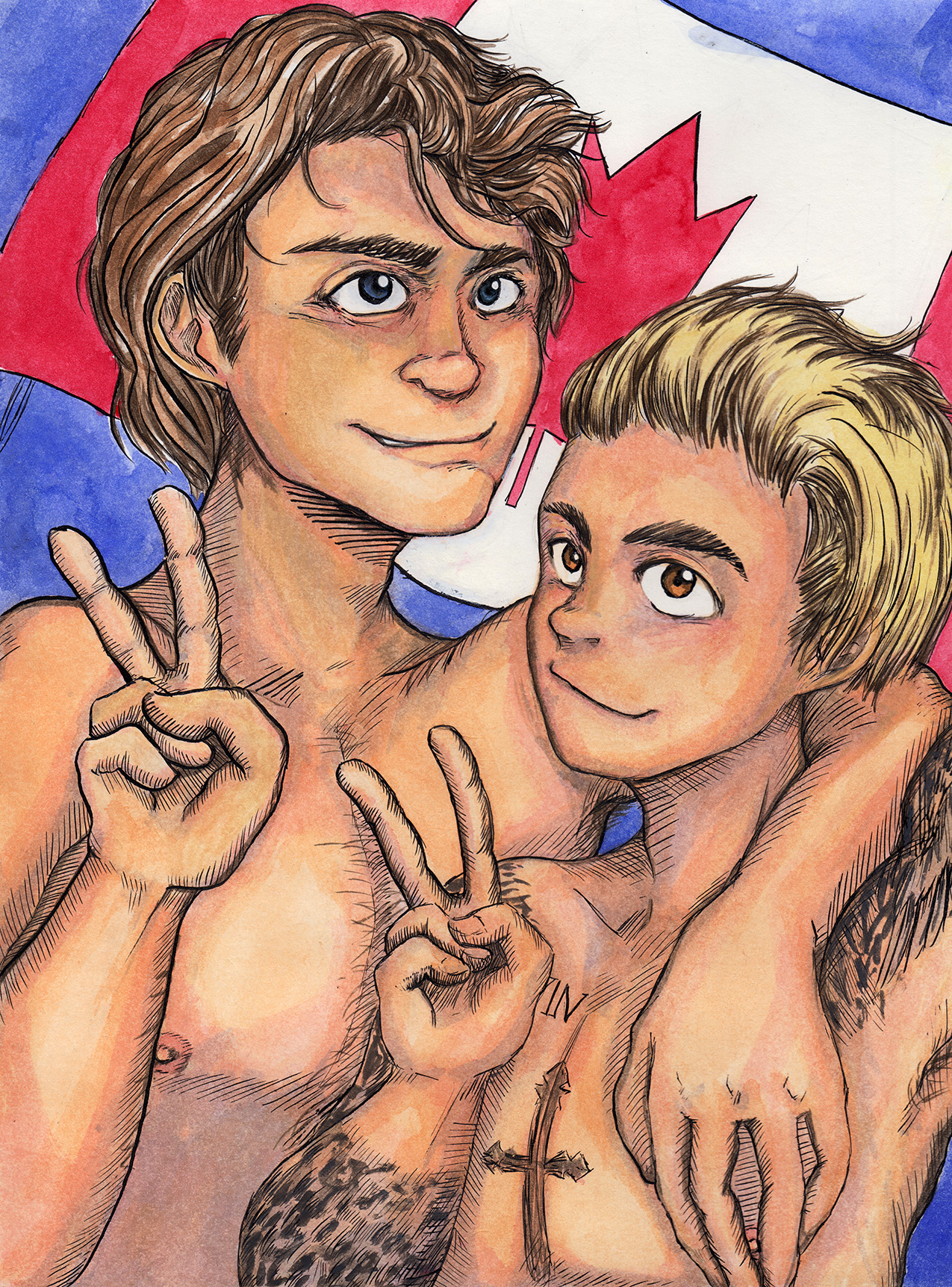 apolojuice, justin bieber, justin trudeau, real life, 2016, 2boys, canadian flag, hug, multiple boys, music, shirtless male, v