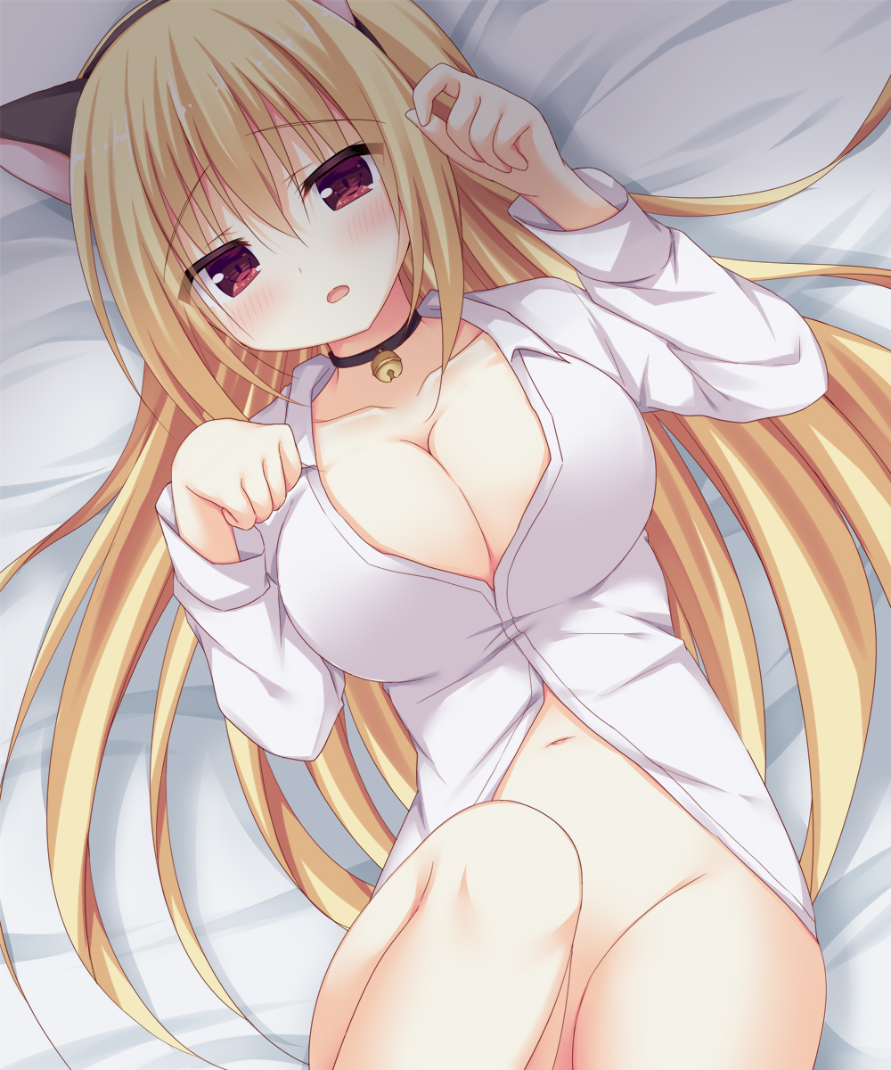 korokoro cat, nicola cepheus, dracu-riot!, commentary request, highres, paid reward available, 1girl, animal ear hairband, animal ears, bell, black choker, black hairband, blonde hair, blush, breasts, cat ear hairband, cat ears, choker, cleavage, collarbone, collared shirt, cowboy shot, dress shirt, dutch angle, fake animal ears, from above, groin, hair between eyes, hair spread out, hairband, hands up, jingle bell, knee up, large breasts, long hair, long sleeves, looking at viewer, lying, naked shirt, navel, neck bell, no panties, on back, on bed, open mouth, paw pose, red eyes, shirt, solo, straight hair, very long hair, white shirt