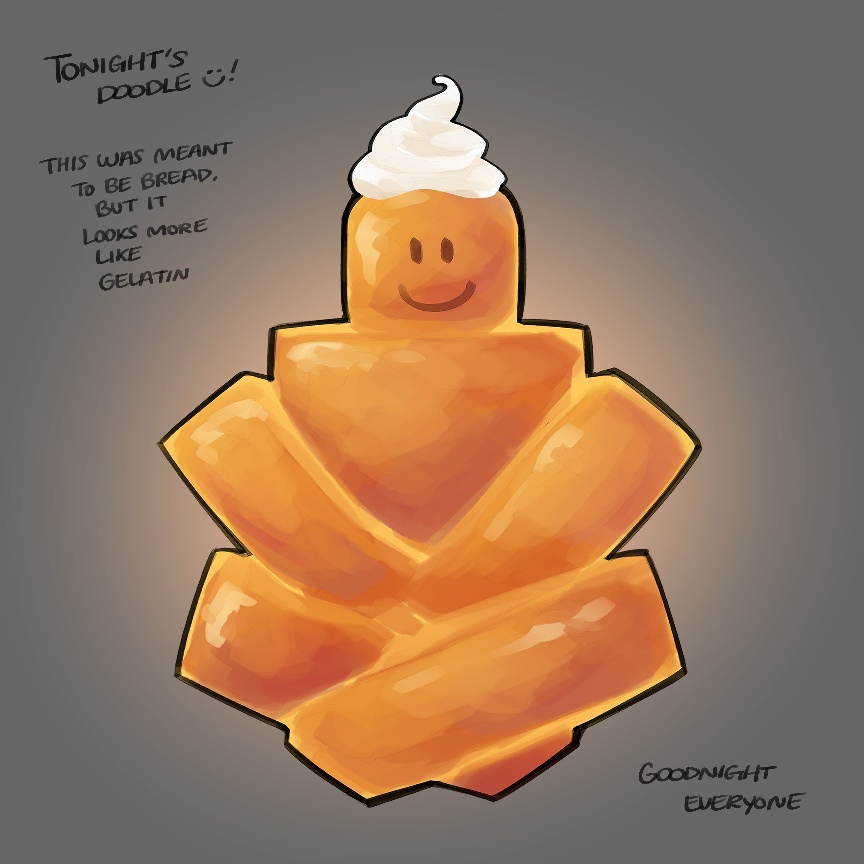 himochuu, roblox, absurdres, commentary, highres, symbol-only commentary, bread, character-themed food, crossed legs, english text, food, food focus, grey background, hands on lap, looking at viewer, no humans, painterly, simple background, smiley face, whipped cream