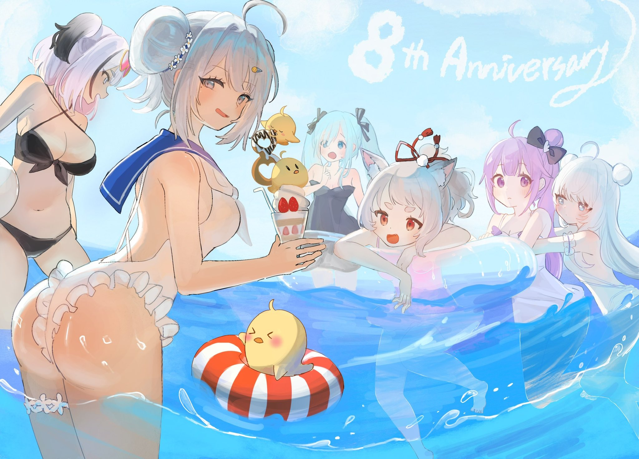 qo pp, elbe (azur lane), jade (azur lane), janus (azur lane), le malin (azur lane), manjuu (azur lane), unicorn (azur lane), yuudachi (azur lane), azur lane, commentary request, highres, > <, 6+girls, ahoge, alternate costume, anniversary, ass, bikini, black bikini, black ribbon, black streaks, blue eyes, blue hair, breasts, criss-cross halter, cup, double bun, flat chest, food, frilled one-piece swimsuit, frills, fruit, grabbing from behind, grey hair, hair bun, hair ribbon, halterneck, holding, holding cup, long hair, looking at another, looking at viewer, medium breasts, multicolored hair, multiple girls, one-piece swimsuit, open mouth, parfait, purple eyes, purple hair, red eyes, ribbon, small breasts, strawberry, swimsuit, twintails, two-tone hair, very long hair, water, white hair, white one-piece swimsuit
