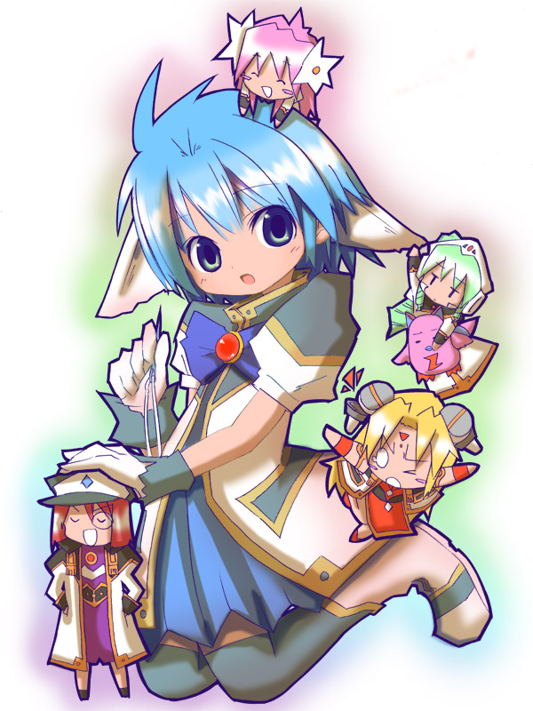 oiyoiyo, forte stollen, milfeulle sakuraba, mint blancmanche, normad, ranpha franboise, vanilla h, broccoli (company), galaxy angel, 00s, 5girls, black gloves, blonde hair, blue bow, blue bowtie, blue dress, blue eyes, blue hair, blue skirt, bow, bowtie, brooch, chibi, dress, full body, gem, gloves, jewelry, kneeling, looking at viewer, mini person, minigirl, monocle, multiple girls, puffy short sleeves, puffy sleeves, short sleeves, skirt, standing, thighhighs