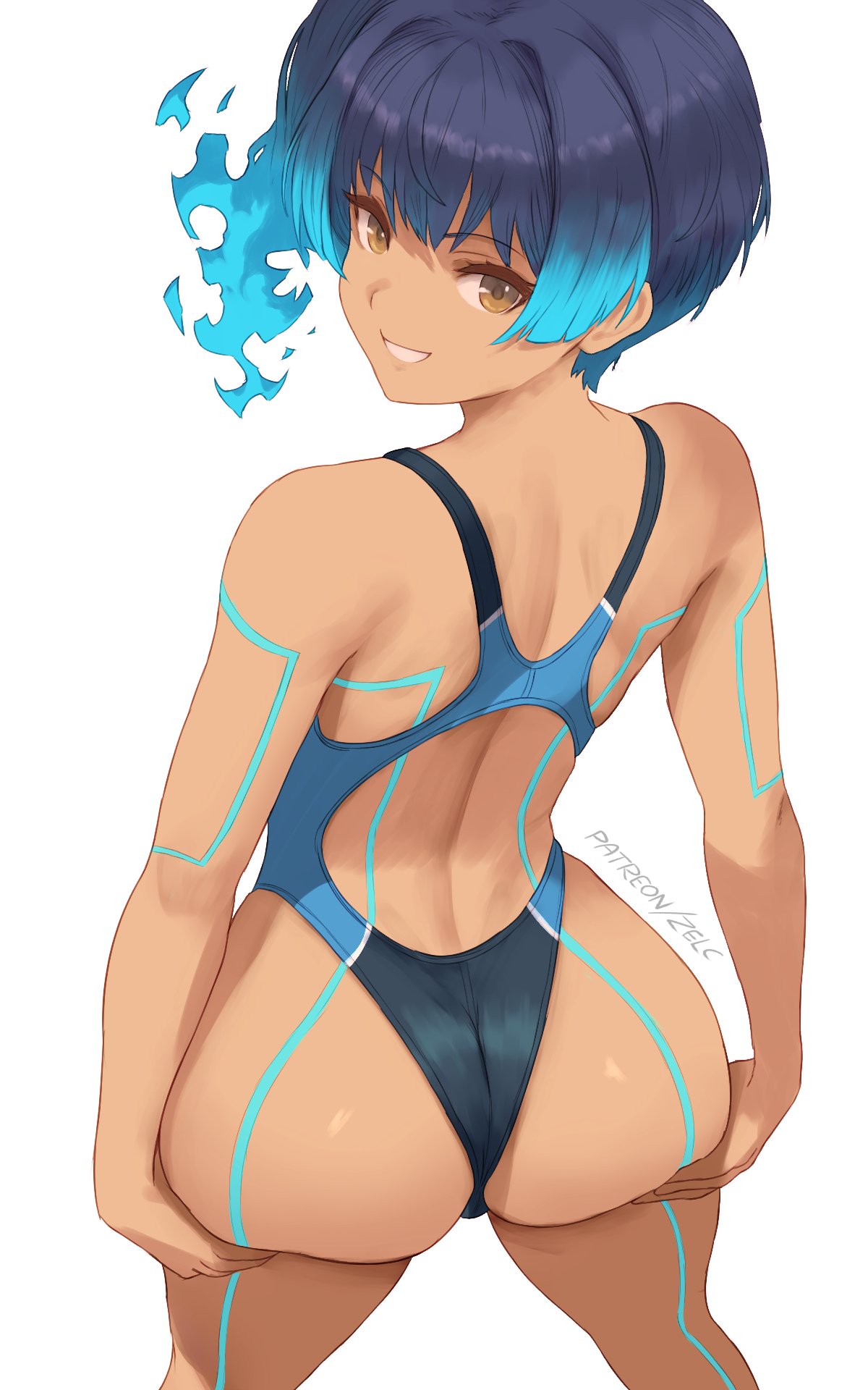 zelc-face, sena (xenoblade), xenoblade chronicles (series), xenoblade chronicles 3, highres, 1girl, alternate costume, ass, ass focus, ass support, back cutout, black one-piece swimsuit, blue hair, blue one-piece swimsuit, body markings, brown eyes, clothing cutout, competition swimsuit, dark-skinned female, dark skin, feet out of frame, from behind, highleg, highleg one-piece swimsuit, huge ass, looking at viewer, looking back, median furrow, one-piece swimsuit, simple background, smile, solo, standing, swimsuit, white background