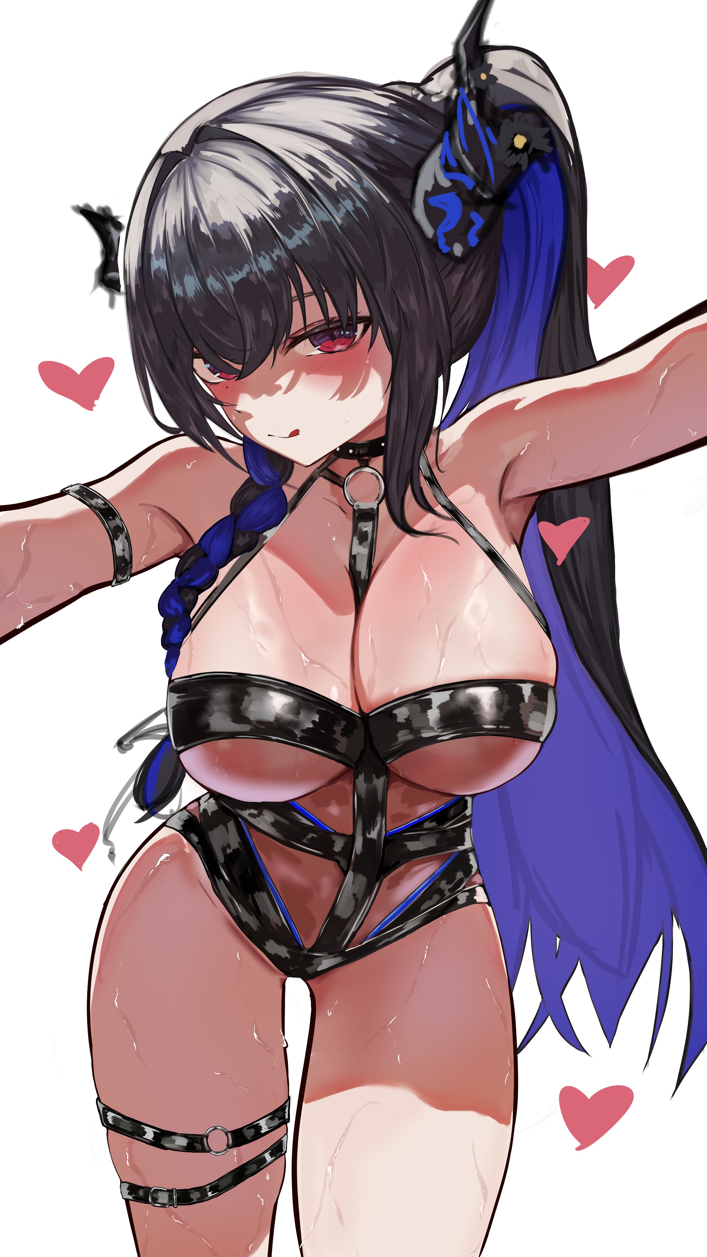 luisjse, nerissa ravencroft, hololive, hololive english, holonatsu paradise, absurdres, highres, 1girl, asymmetrical horns, bikini, black bikini, black hair, black horns, blue hair, breasts, cowboy shot, heart, high ponytail, horns, large breasts, multicolored hair, ponytail, simple background, solo, swimsuit, two-tone hair, uneven horns, virtual youtuber, white background