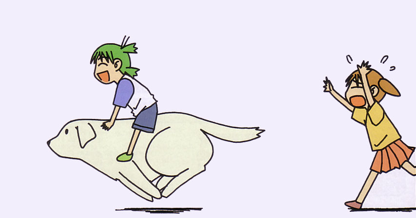 koiwai yotsuba, mihama chiyo, tadakichi-san, azumanga daiou, yotsubato!, tagme, 2girls, chasing, child, creator connection, dog, multiple girls