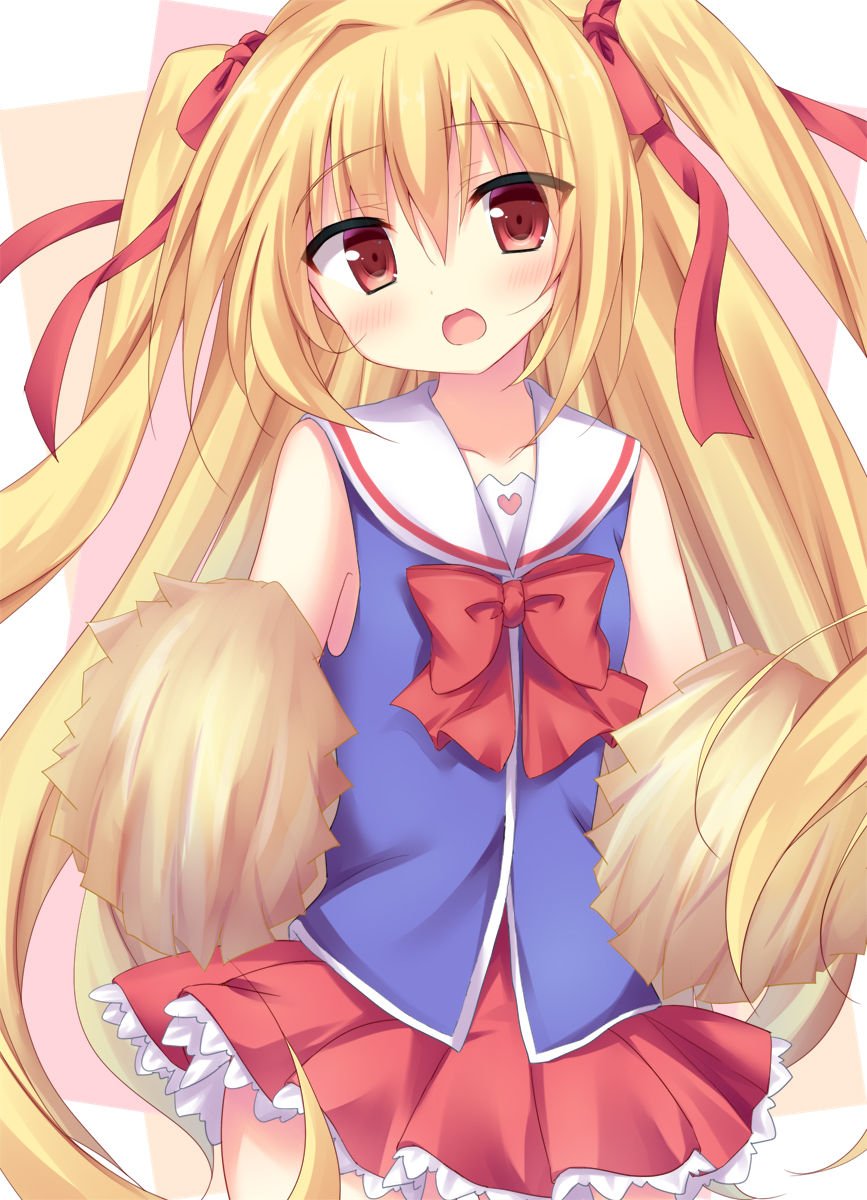 korokoro cat, nikaidou shinku, irotoridori no sekai, commentary request, highres, 1girl, :d, bare shoulders, blonde hair, blue shirt, blush, bow, bowtie, cheering, cowboy shot, eyes visible through hair, frilled skirt, frills, hair between eyes, hair intakes, hair ribbon, holding, holding pom poms, long hair, looking at viewer, miniskirt, open mouth, pink background, pleated skirt, pom pom (cheerleading), pom poms, red bow, red bowtie, red eyes, red ribbon, red skirt, ribbon, sailor collar, school uniform, serafuku, shirt, simple background, skirt, sleeveless, sleeveless shirt, smile, solo, straight hair, two side up, very long hair, white sailor collar