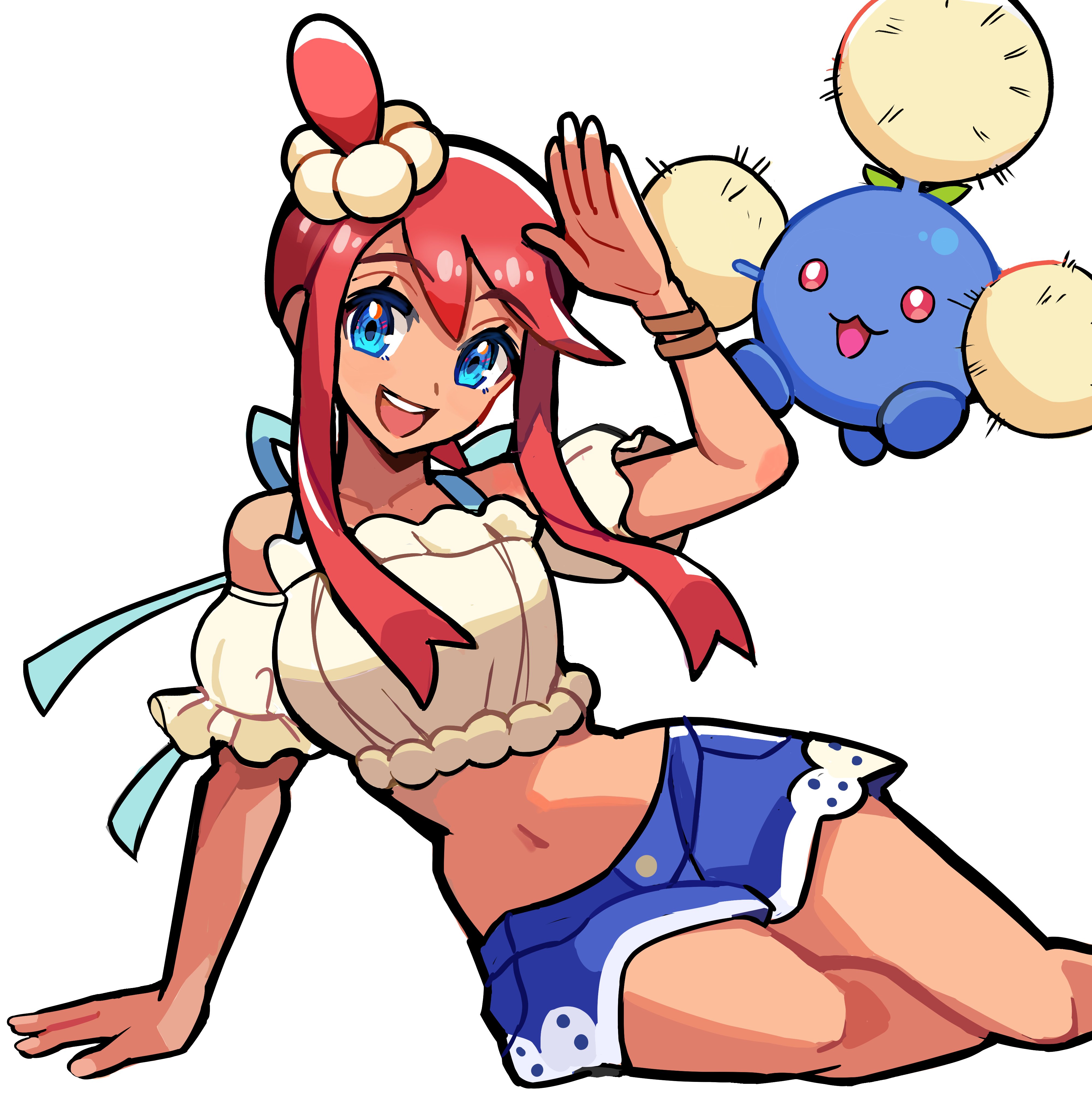 spyg, jumpluff, skyla (pokemon), skyla (summer 2025) (pokemon), nintendo, pokemon, pokemon masters ex, absurdres, highres, 1girl, :d, bare shoulders, bikini, bikini under clothes, bikini under shorts, blue eyes, blue shorts, breasts, collarbone, crop top, denim, denim shorts, gen 2 pokemon, hair ornament, looking at viewer, midriff, navel, off-shoulder shirt, off shoulder, official alternate costume, one side up, open mouth, pokemon (creature), red eyes, red hair, shirt, short hair with long locks, shorts, sidelocks, simple background, smile, swimsuit, teeth, upper teeth only, white background